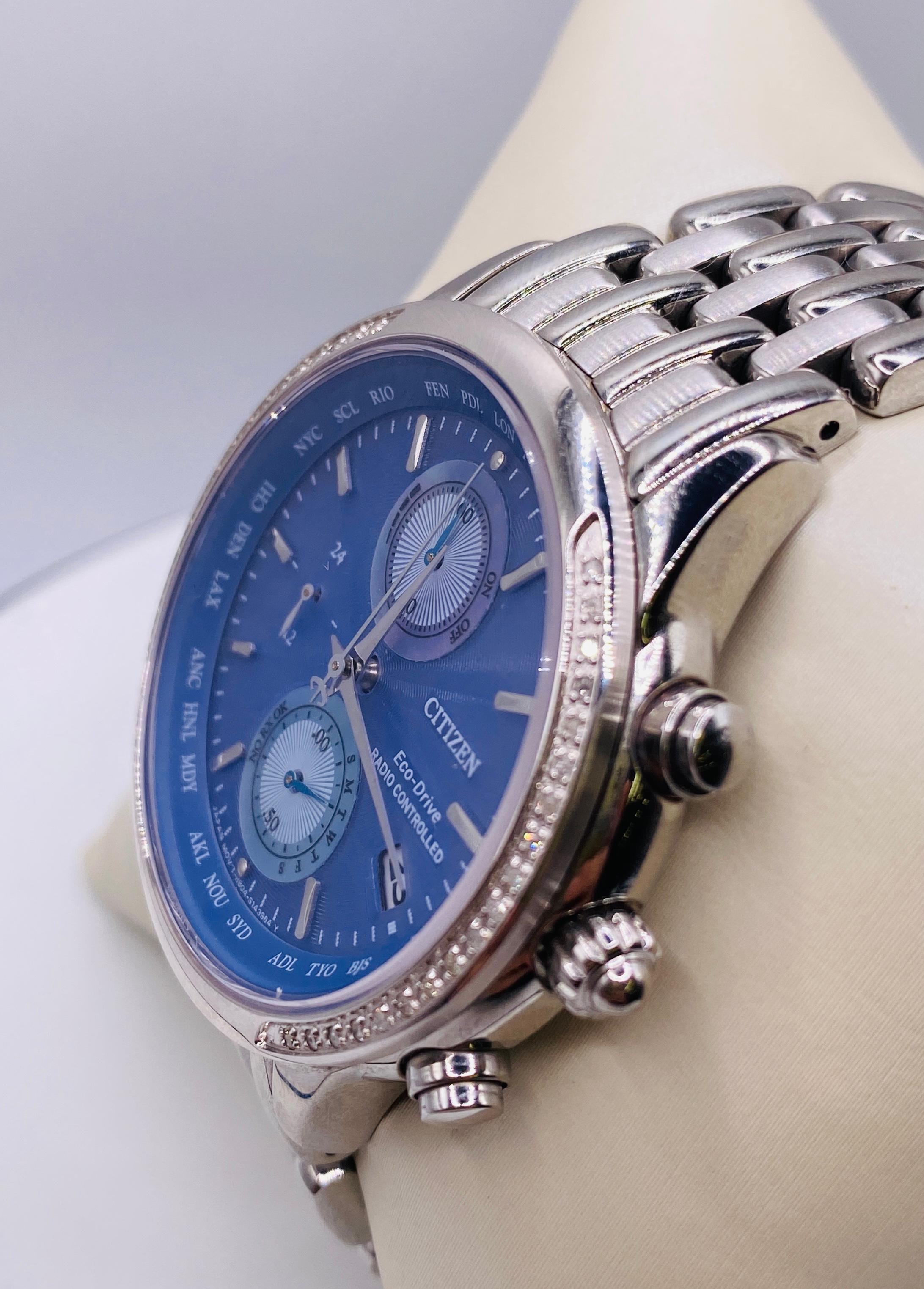 Citizen Eco Drive Radio Controlled Periwinkle Blue Dial Stainless Steel Watch In Good Condition In DALLAS, TX