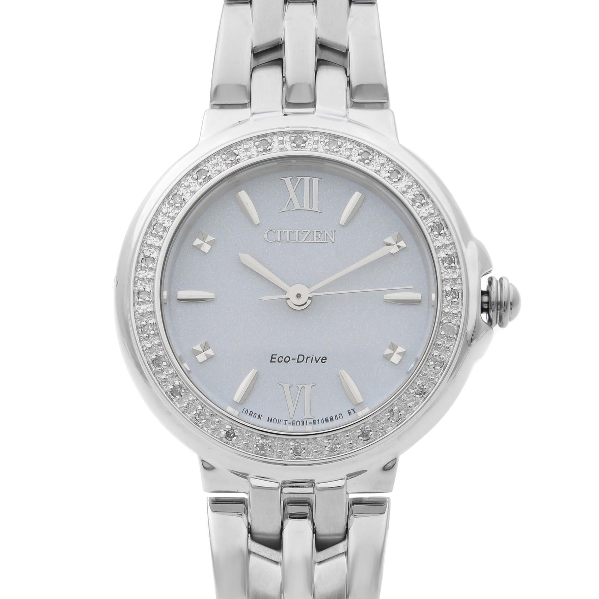 This pre-owned Citizen Eco-drive EM0440-57A is a beautiful ladies timepiece that is powered by quartz: solar powered movement which is cased in a stainless steel case. It has a round shape face, date, diamonds bezel. It is completed with a stainless