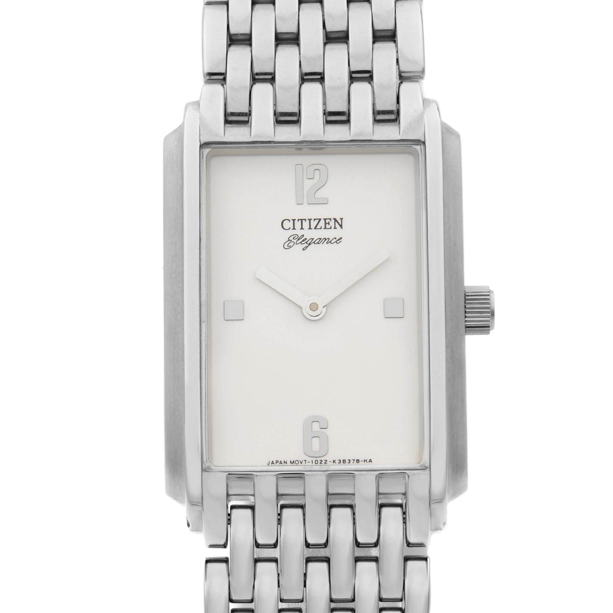 The timepiece comes with original box and papers.
White dial with silver tone hands and markers.
Japanese quartz movement.
Water resistant 30m.
Double fold over clasp.
Scratch resistant mineral.
Case 24mm.
Brand	Citizen
Model
