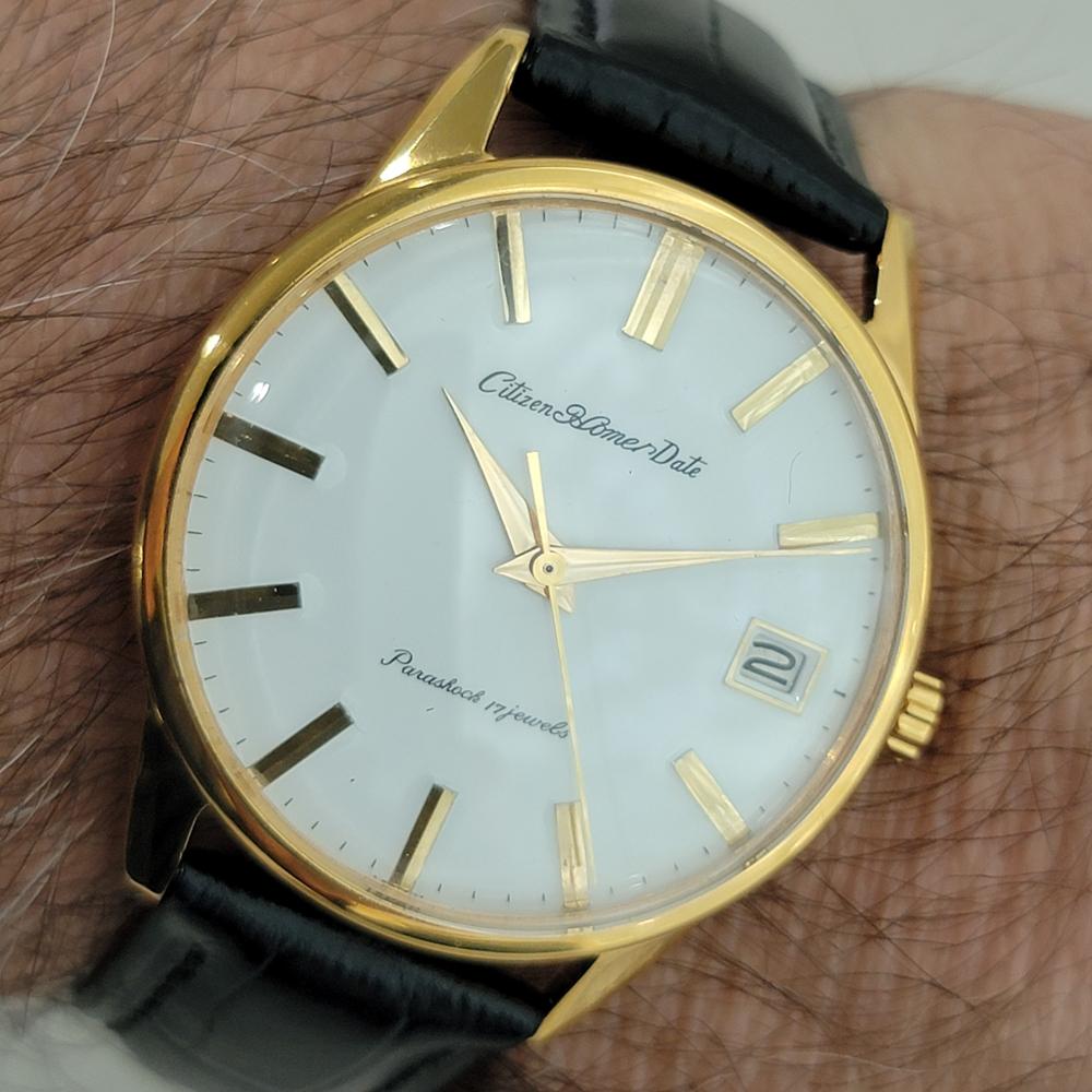Citizen Homer Date 32mm Parashock con cappuccio in oro Uomo Vento Manuale 1970 NOS RJC212 in vendita 10