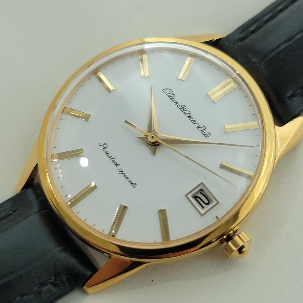 Citizen Homer Date 32mm Parashock con cappuccio in oro Uomo Vento Manuale 1970 NOS RJC212 in vendita 1