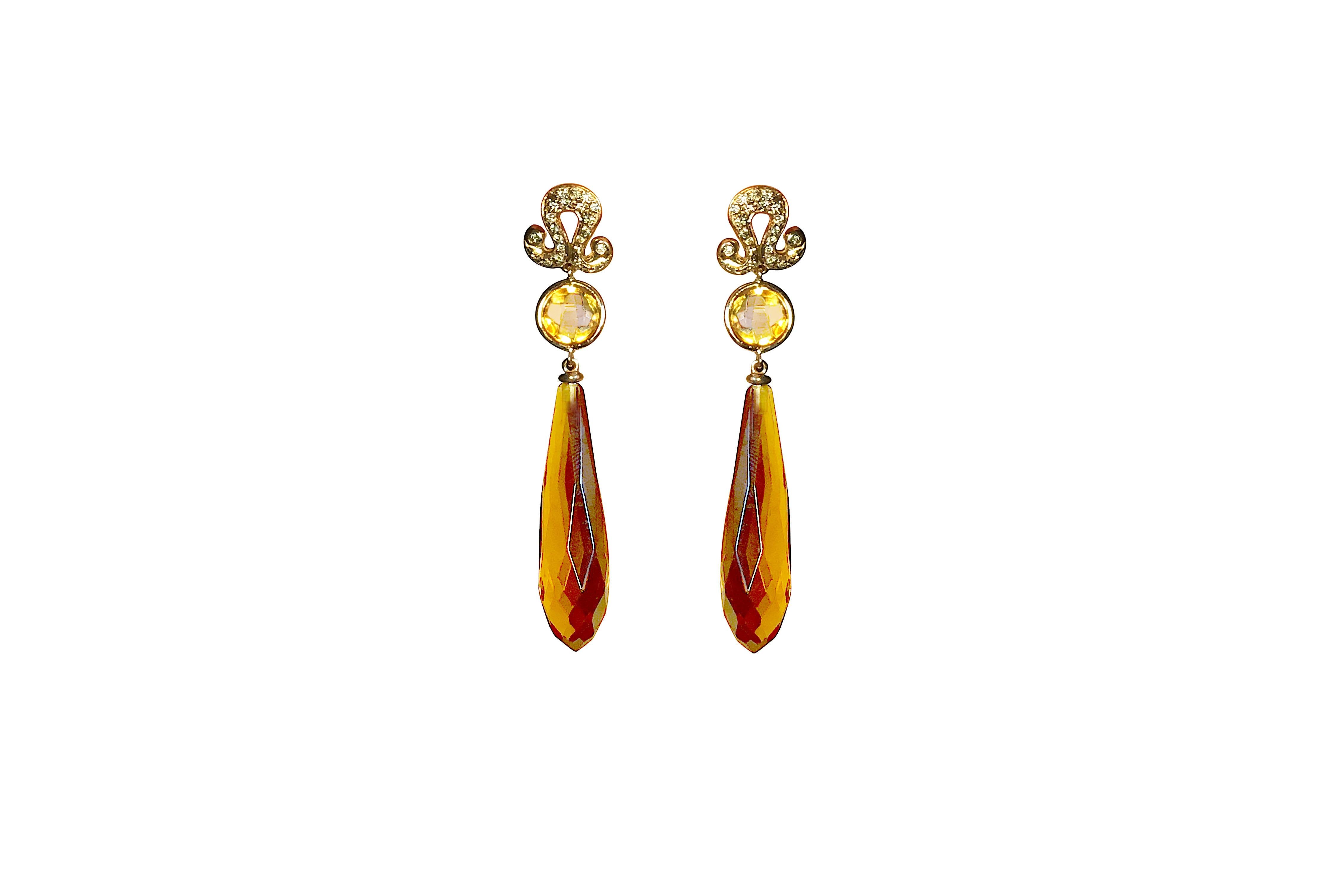 Art Deco Citrine 0.20 Karat White Diamonds 18K Gold Deco Style Dangle Earrings For Sale