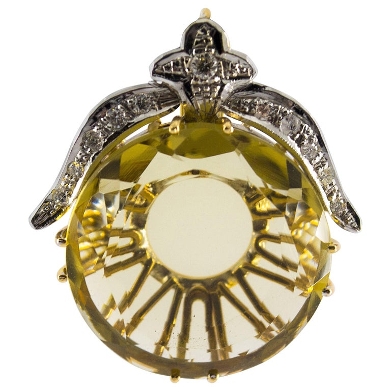 Citrine 0.25 Carat White Diamond Yellow and White Gold Pendant For Sale