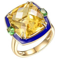 Anello da cocktail con citrino da 11,36 carati e smalto color smeraldo, in oro giallo 14K, nuovo