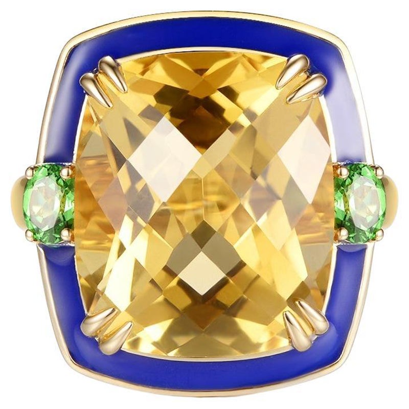 Bague de cocktail en or jaune 14 carats sertie d'une citrine de 11,36 carats et d'émail émeraude, neuve