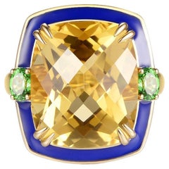 Citrine 11.36ct Emerald Enamel Cocktail Ring in 14K Yellow Gold, New
