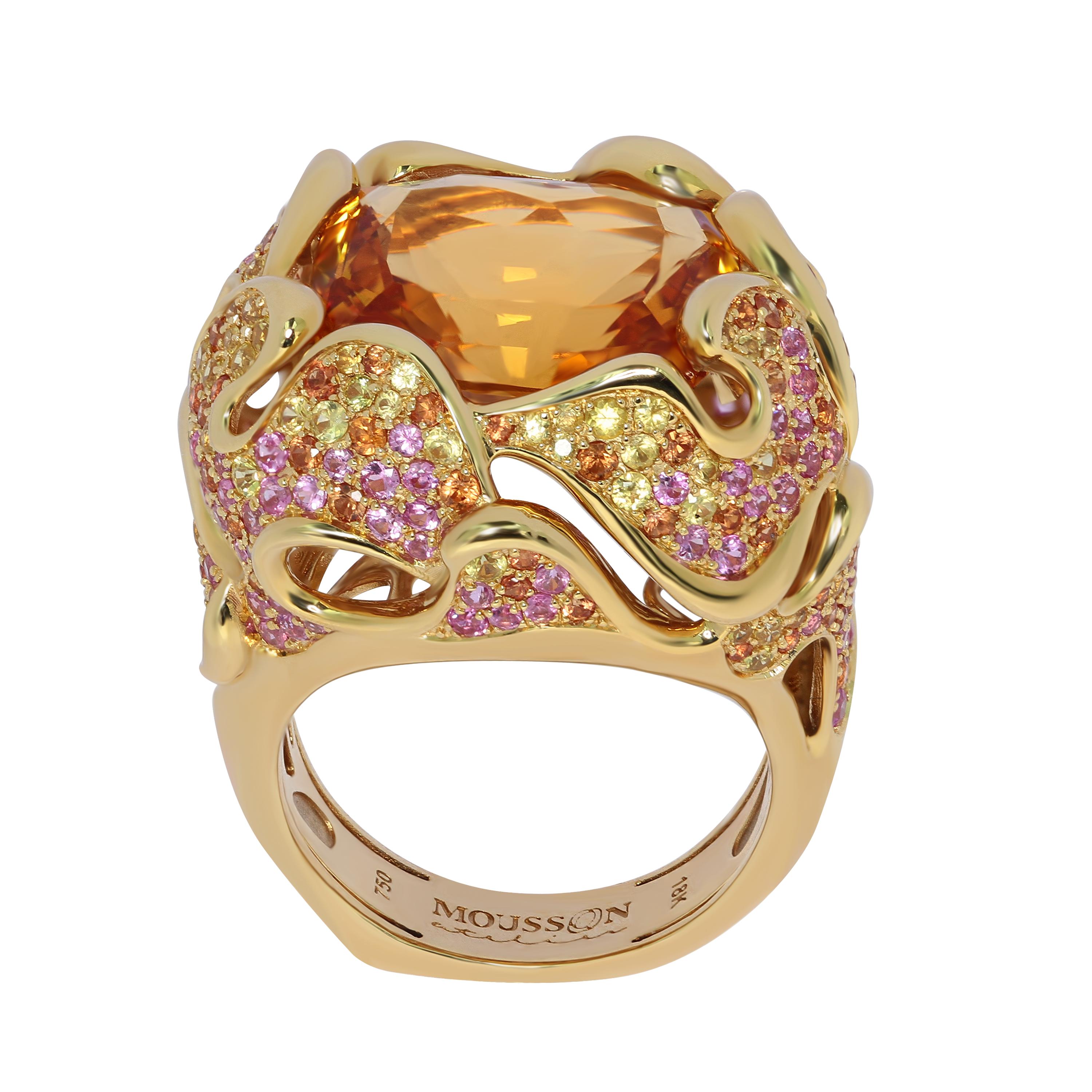 Citrine 12.34 Carat Pink Yellow Orange Sapphire 18 Karat Yellow Gold Ring
In early June in the gardens bloom luxurious flowers - peonies. Romance and mystery of peonies always attracted and allured artists. Our designers created this Ring, inspired