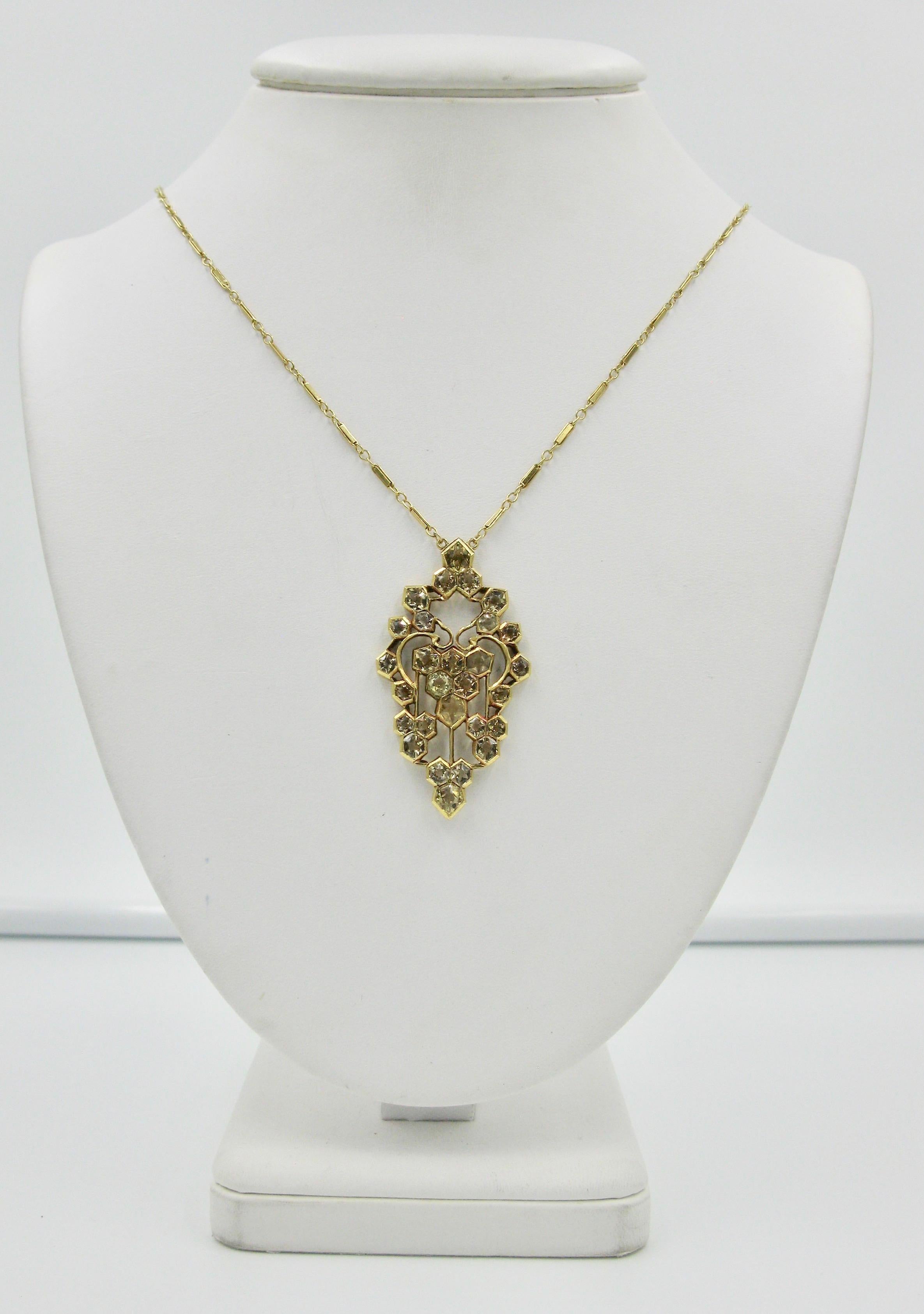 Women's Citrine 14 Karat Yellow Gold Art Deco Pendant Necklace Antique, circa 1920 For Sale