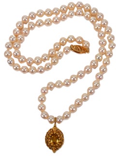 Citrine 14 Karat Yellow Gold Charm Pendant Pearl Strand Necklace