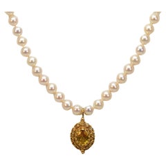 Citrine 14 Karat Yellow Gold Charm Pendant Pearl Strand Necklace