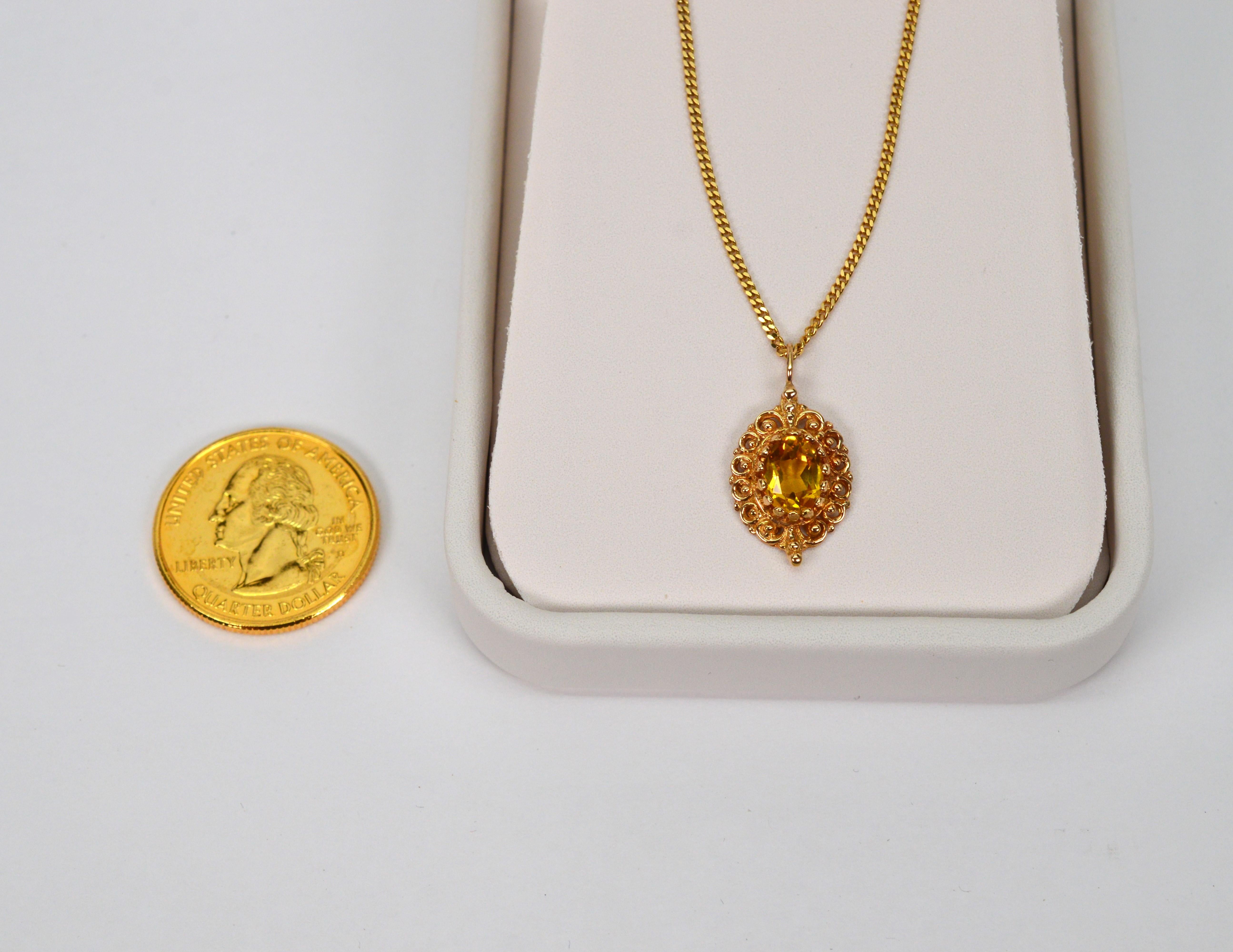 Oval Cut Citrine 14 Karat Yellow Gold Filigree Pendant Necklace For Sale
