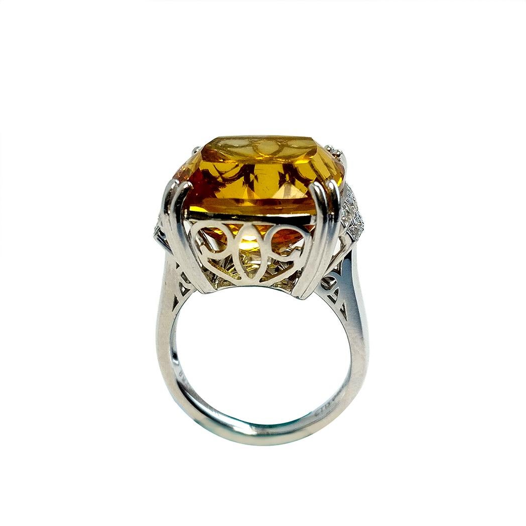 Bold & Beautiful, High luster, rich honey yellow citrine ring, encased in basket mounting, set in high profile, mounted in eight split corner prongs, cushion modified faceted 14.99 carats citrine, accented with 2 side rows of round brilliant cut