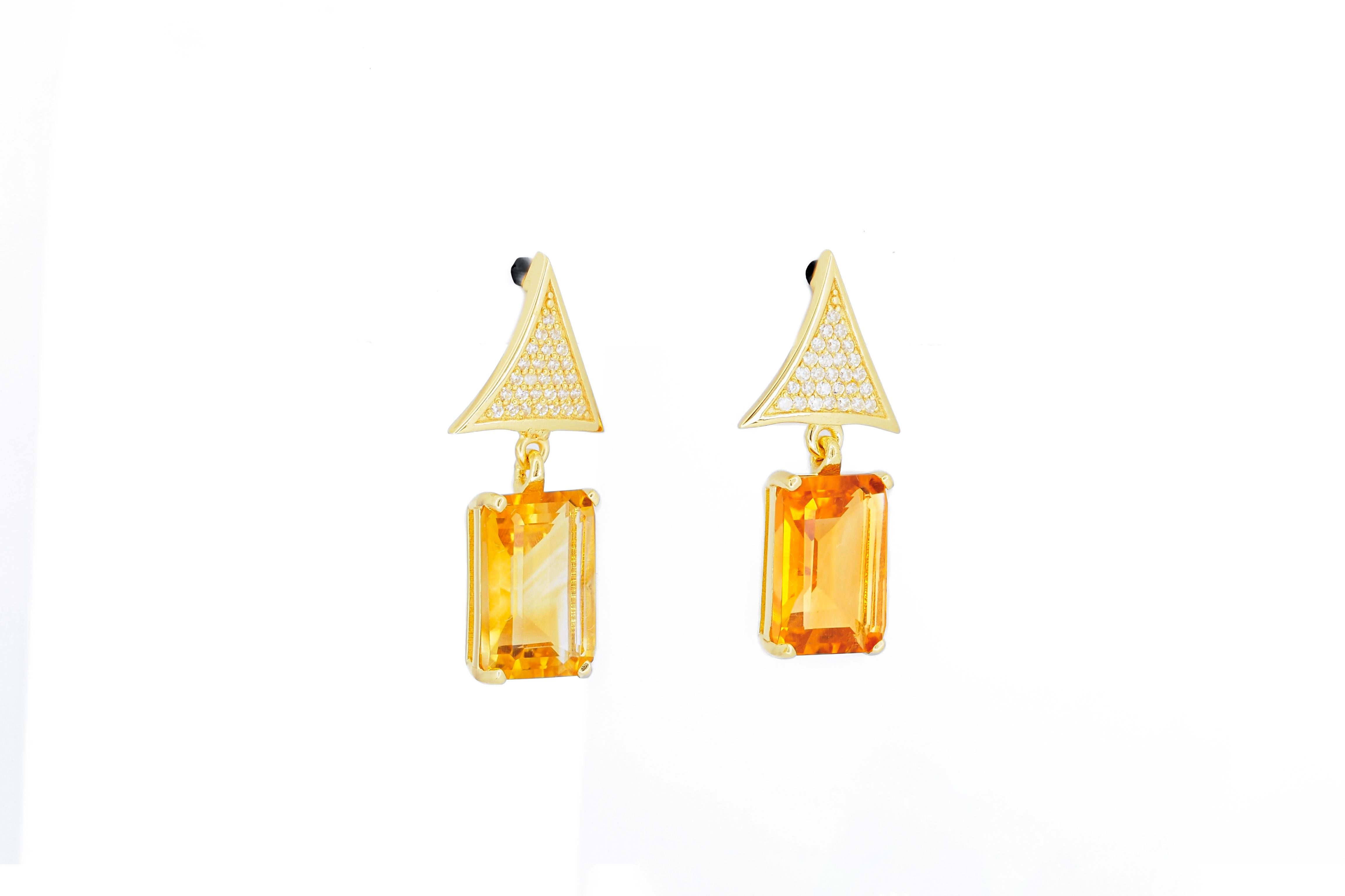 Emerald Cut Citrine 14k gold earrings studs.  For Sale