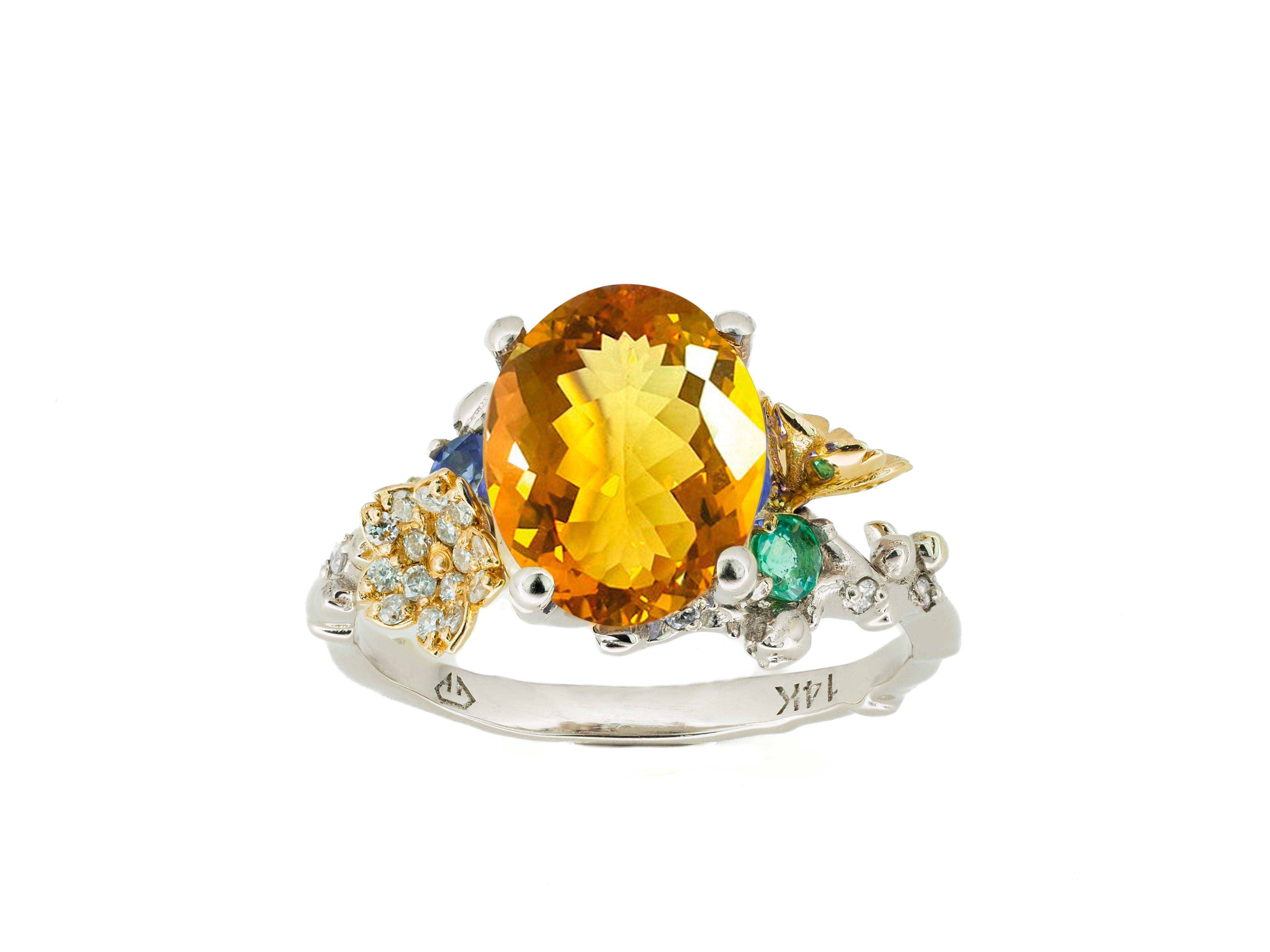 Citrine 14k gold ring. 
Genuine Citrine ring. Citrine gold ring. Oval Citrine ring. Citrine, diamonds, emerald 14k gold ring.

Metal: 14k gold : yellow and white.
Weight: 3.85 gr depends from size.

Central stone natural Citrine
Weight: approx 4.5