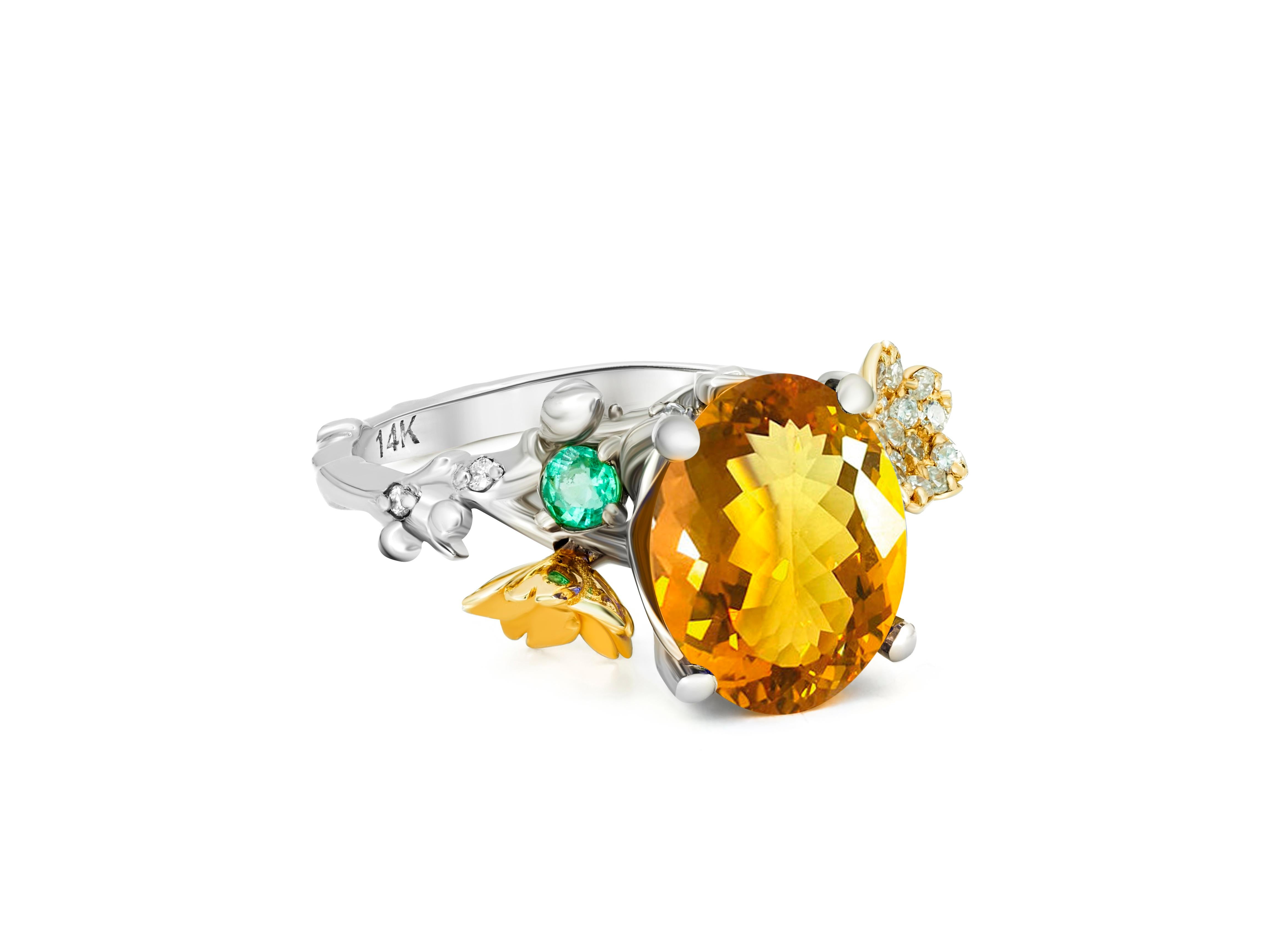 Citrine 14k Gold Ring, Genuine Citrine Ring, Citrine Gold Ring In New Condition For Sale In Istanbul, TR