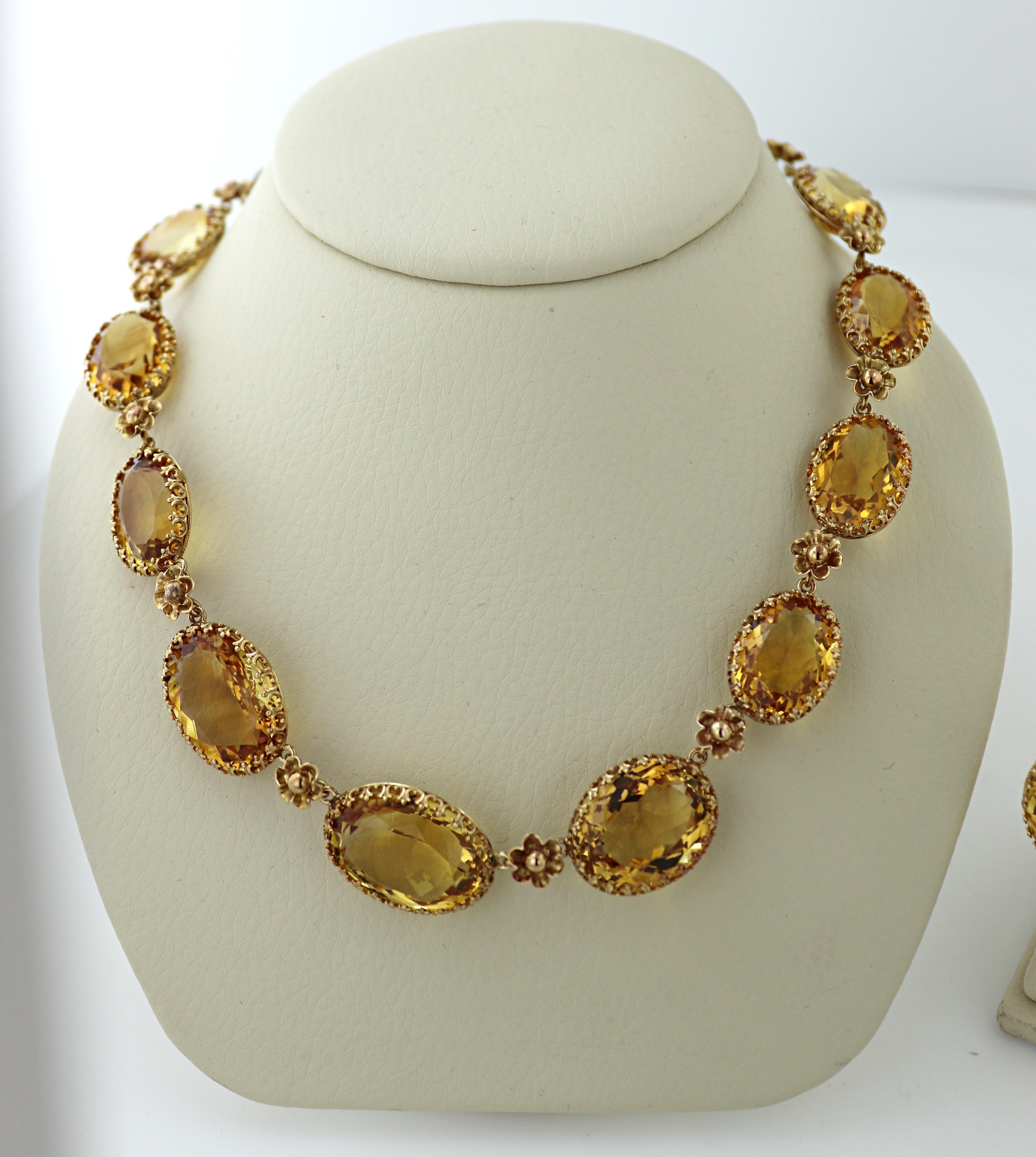 Artisan Citrine, 14k Yellow Gold Necklace and Earrings Suite For Sale