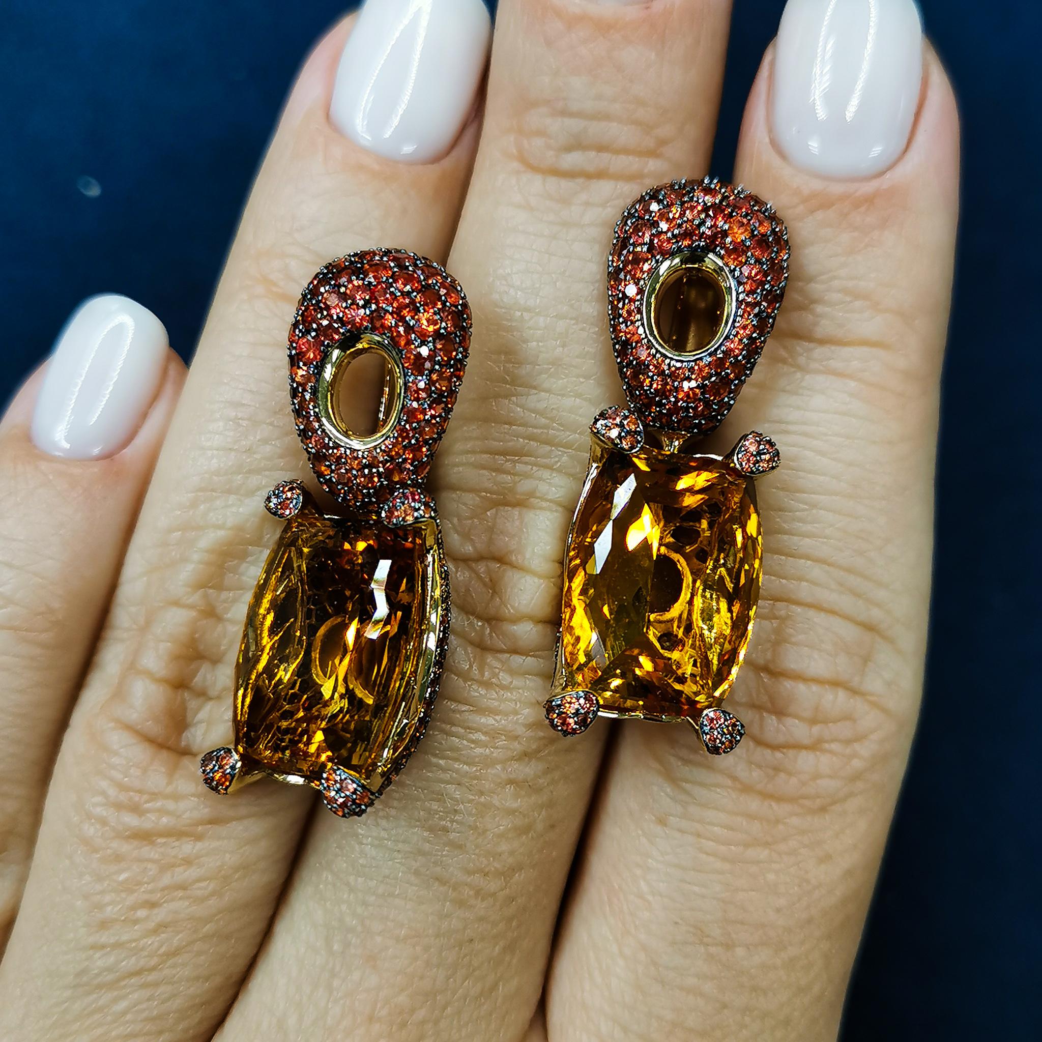 Citrine 16.74 Carat Orange Sapphires 18 Karat Yellow Gold Earrings
Highlighting two 16.74 Carat Citrine and 462 Orange Sapphires weighing 5.92 Carats are mounted on an 18 Karat Gold lined with black rhodium. It displays a riveting interplay of