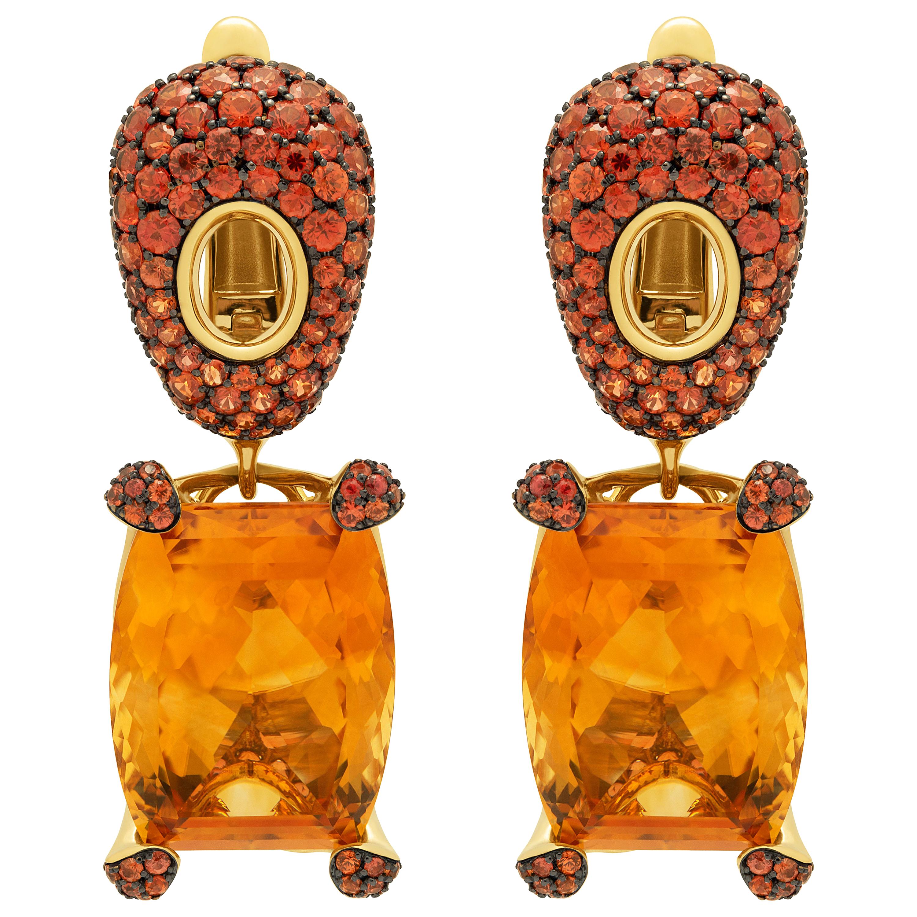 Citrine 16.74 Carat Orange Sapphires 18 Karat Yellow Gold Earrings For Sale