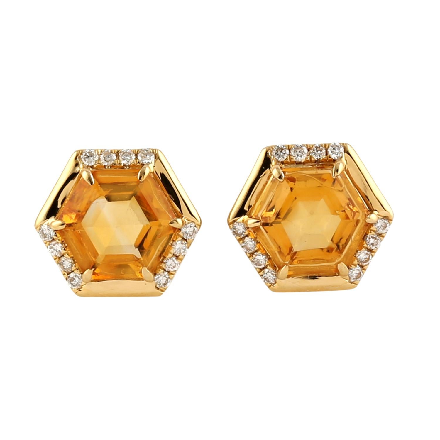 Modern Citrine 18 Karat Gold Diamond Stud Earrings For Sale