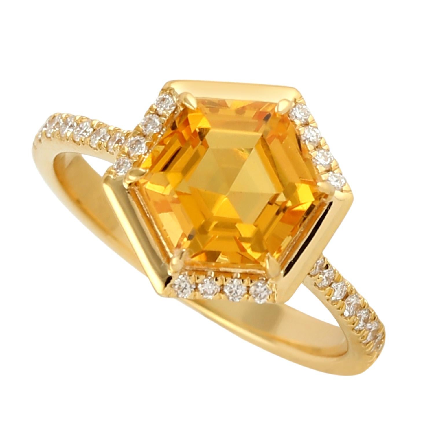 Hexagon Cut Citrine 18 Karat Gold Diamond Stud Earrings For Sale