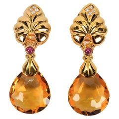 Citrine 18 Karat Yellow Gold Earrings w Ruby Diamond Accents