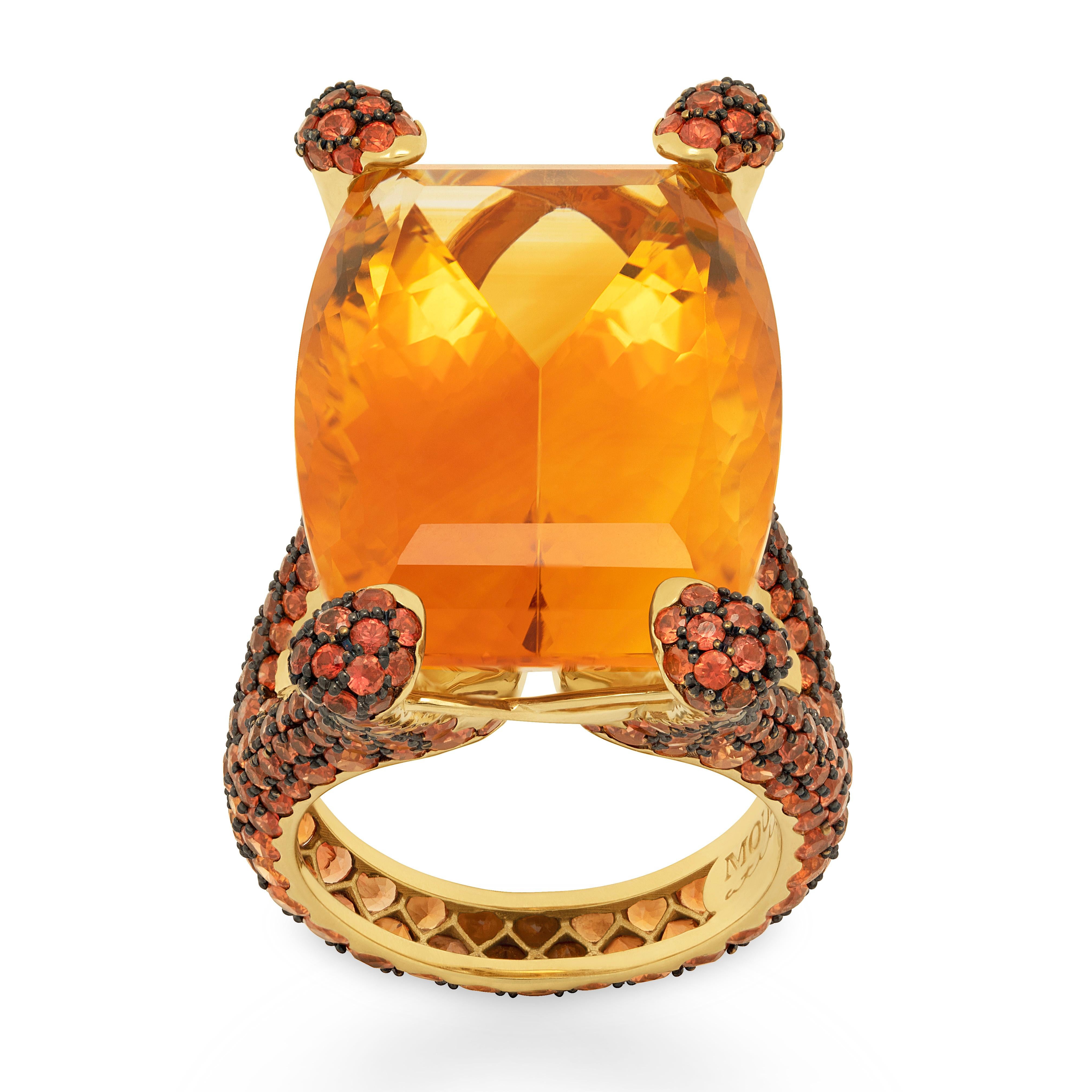 Citrine 33.27 Carat Orange Sapphires 18 Karat Yellow Gold Ring
Highlighting a 33.27 Carat Citrine and 358 Orange Sapphires weighing 7.72 Carats are mounted on an 18 Karat Gold lined with black rhodium. It displays a riveting interplay of contrast