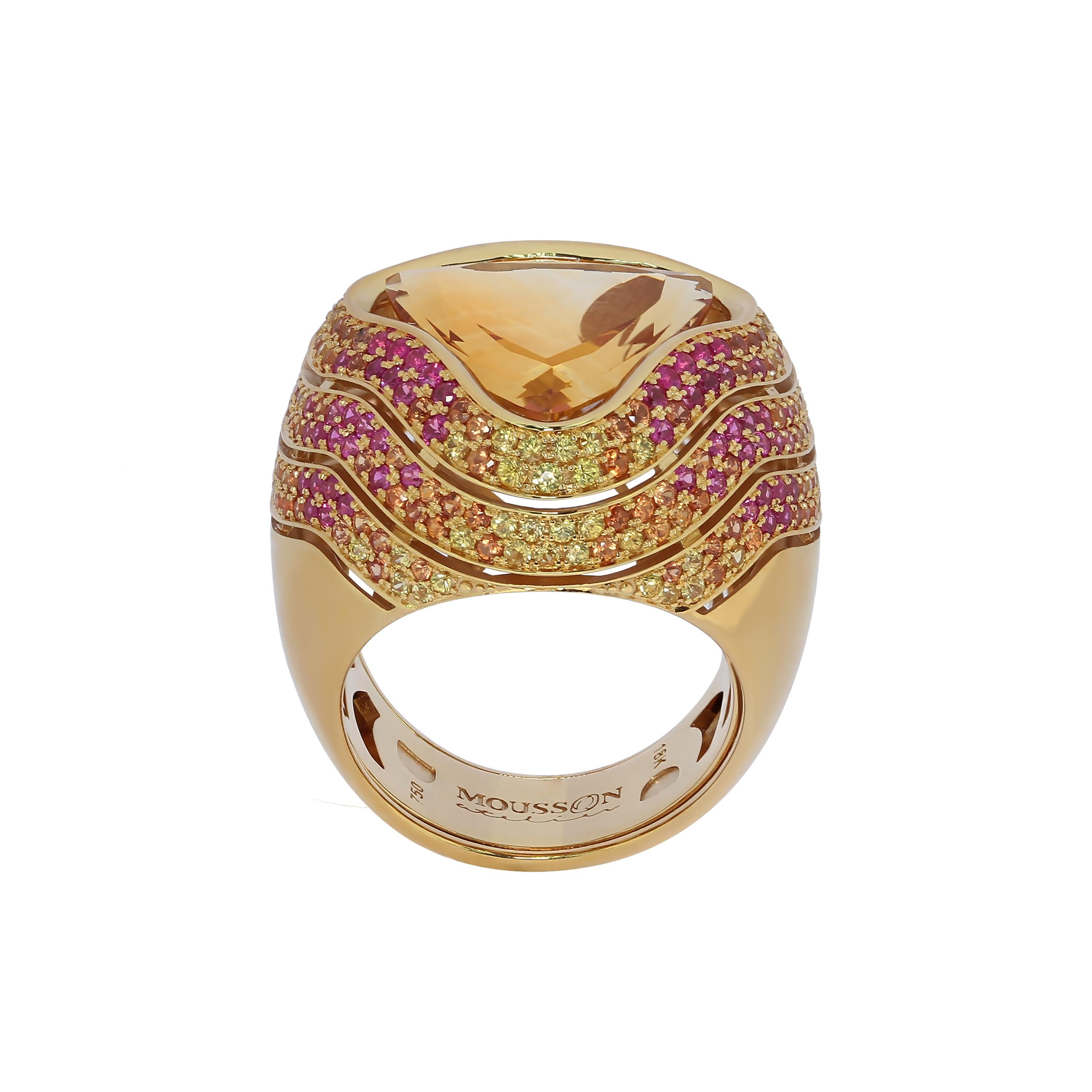 Citrine 7.14 Carat Pink Yellow Orange Sapphire 18 Karat Yellow Gold Ring
Pay attention to the Ring, as we also call it a Wave Ring due to the undulating layers of 18K Yellow Gold around the central stone trillion-shape Citrine weighing 7.14 Ct,