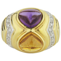 Citrine, Amethyst and Diamond Bulgari Style Ring in 18 Karat Gold