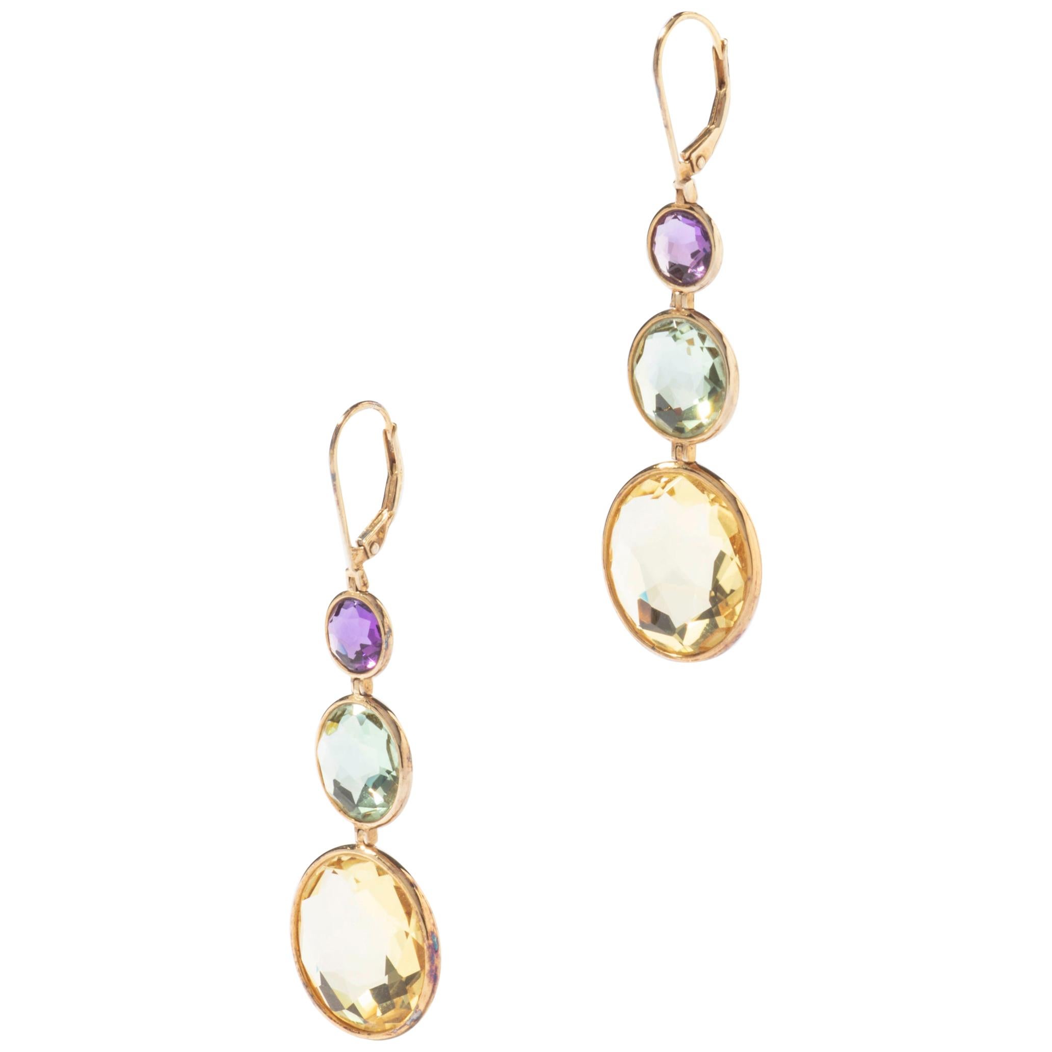 Citrine, Amethyst and AquaMarine Rose cut double side on Yellow Gold 18k Earrings Ear Pendants.

Total height: 2.36 inch (6.00 centimeter).
Width at maximum: 0.79 inch (2.00 centimeter).
Total weight: 9.96 grams.
