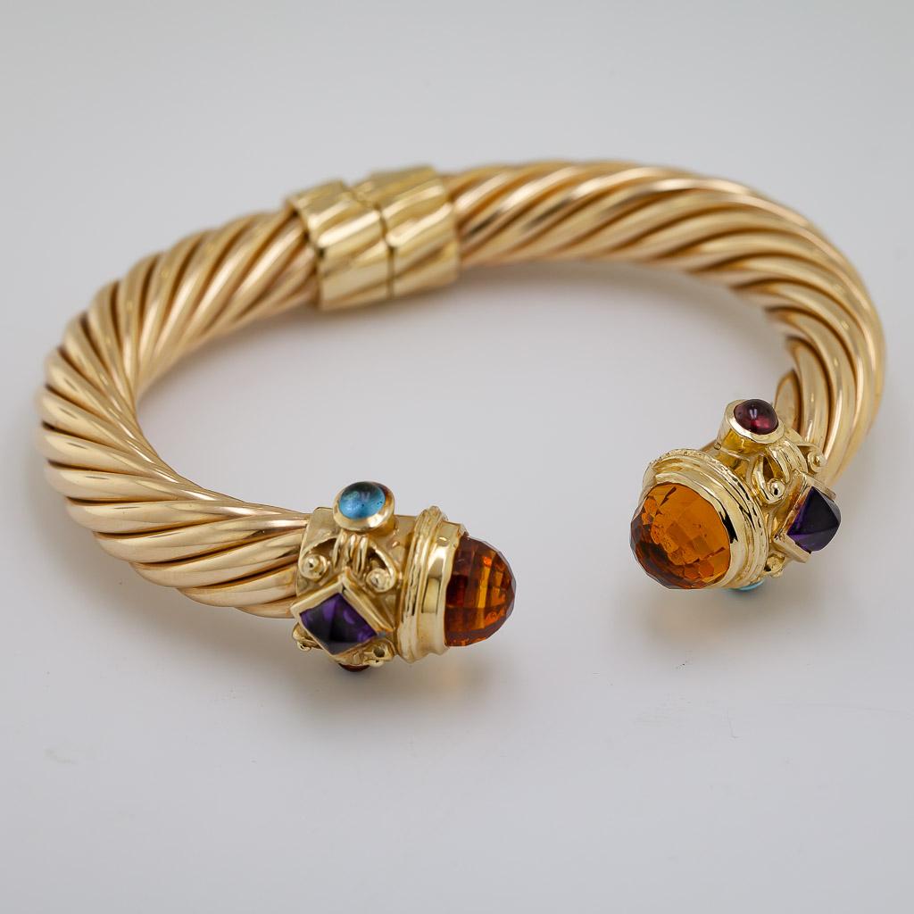 Modern Citrine, Amethyst, Blue Topaz, Garnet, Cable Twist Hinged Cuff For Sale