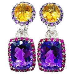 Citrine Amethyst Diamond and Sapphire 18 Karat White Gold Dangle Earrings