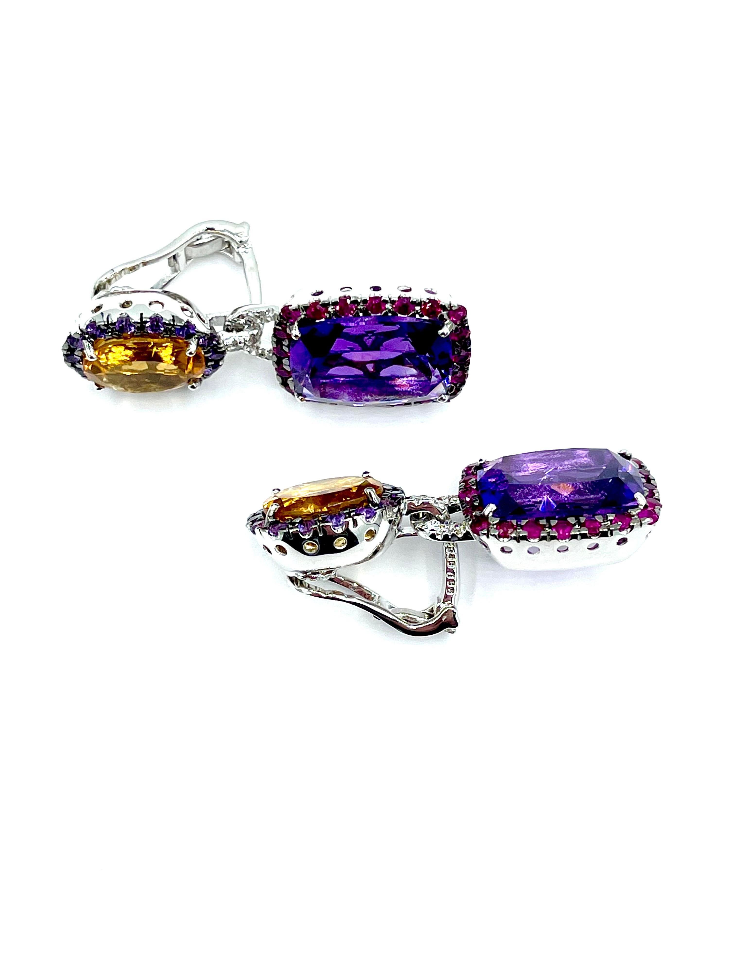 Modern Citrine Amethyst Diamond and Sapphire 18 Karat White Gold Dangle Earrings