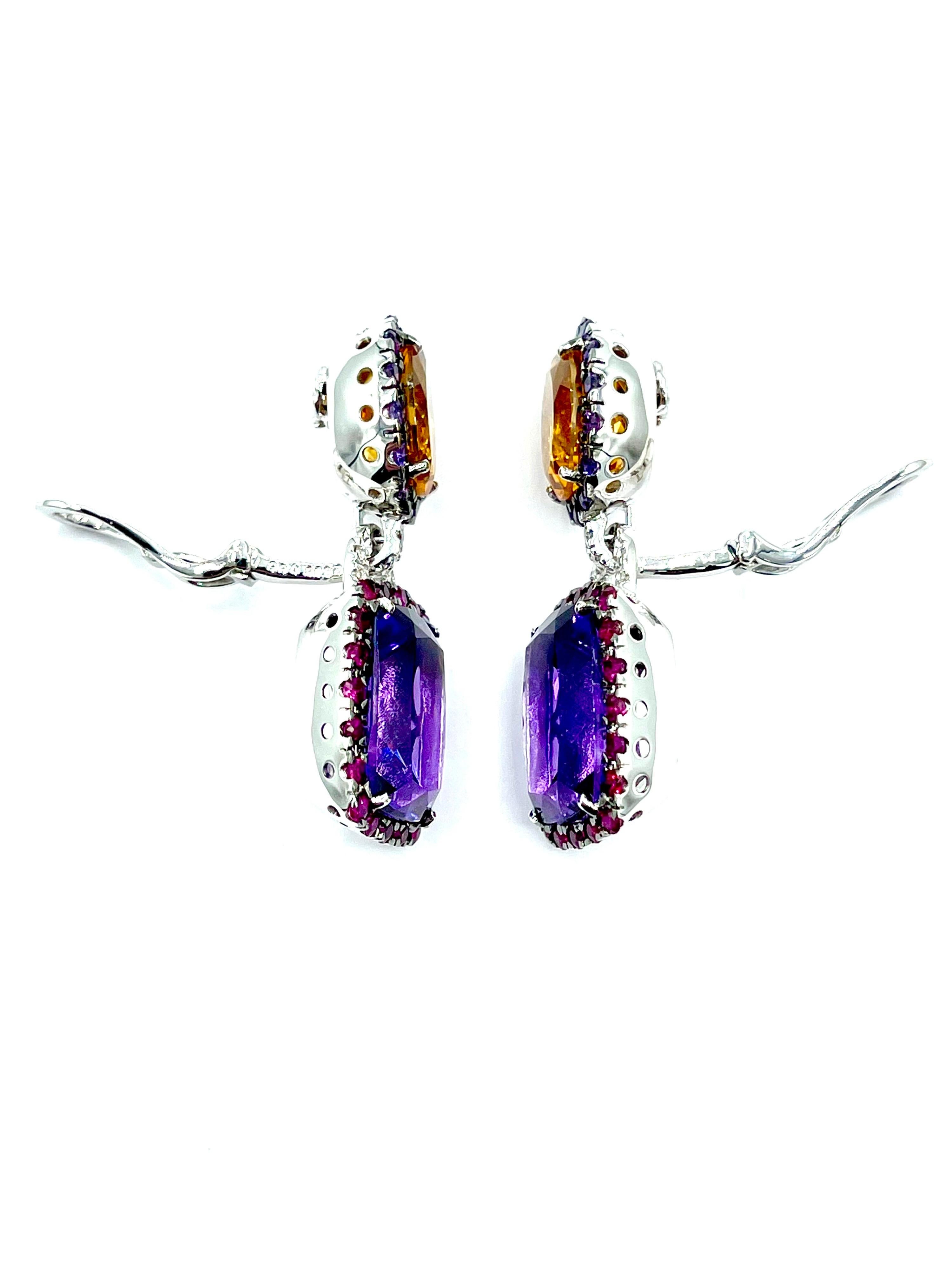 Citrine Amethyst Diamond and Sapphire 18 Karat White Gold Dangle Earrings In Excellent Condition In Chevy Chase, MD