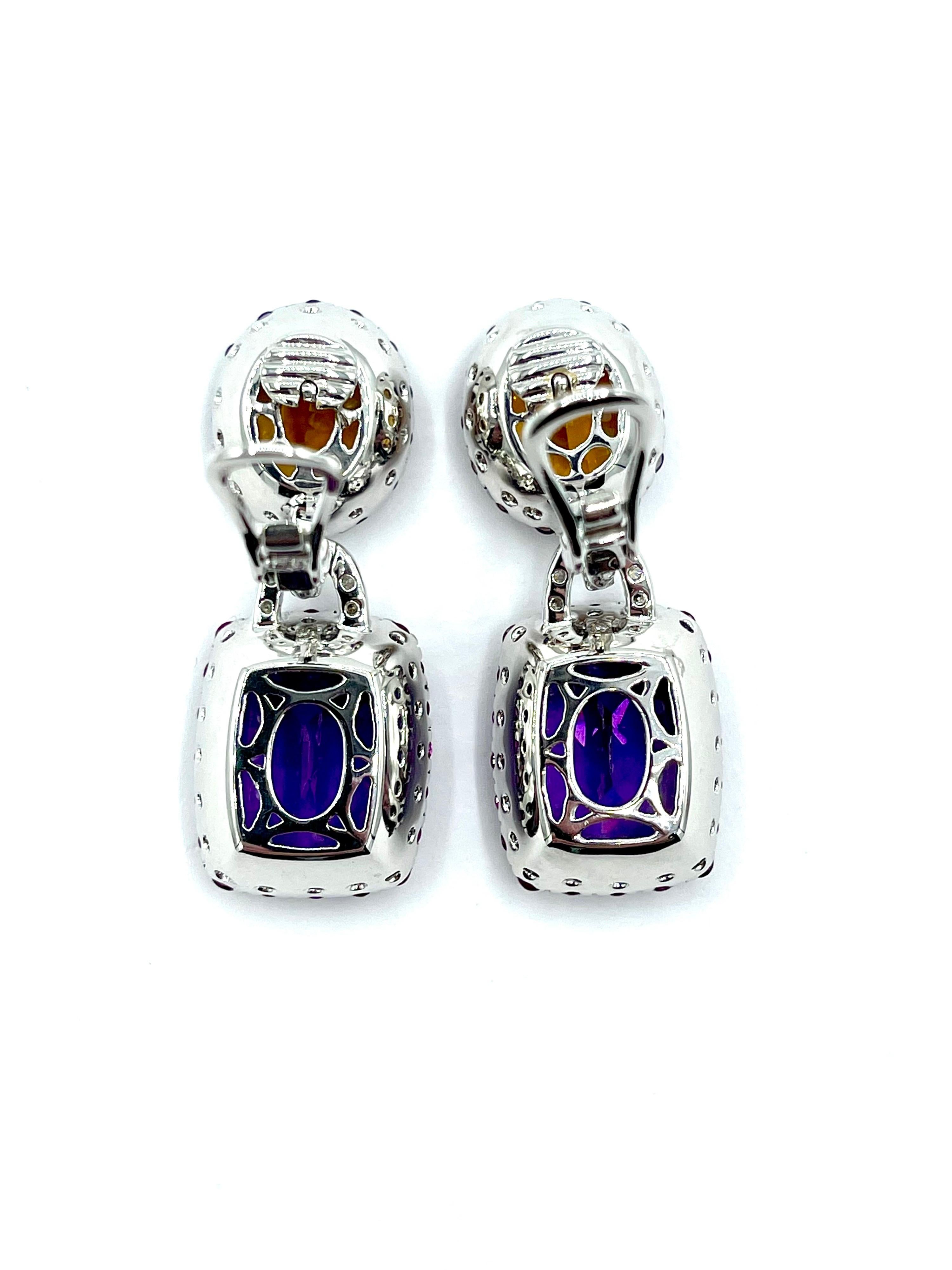 Women's or Men's Citrine Amethyst Diamond and Sapphire 18 Karat White Gold Dangle Earrings