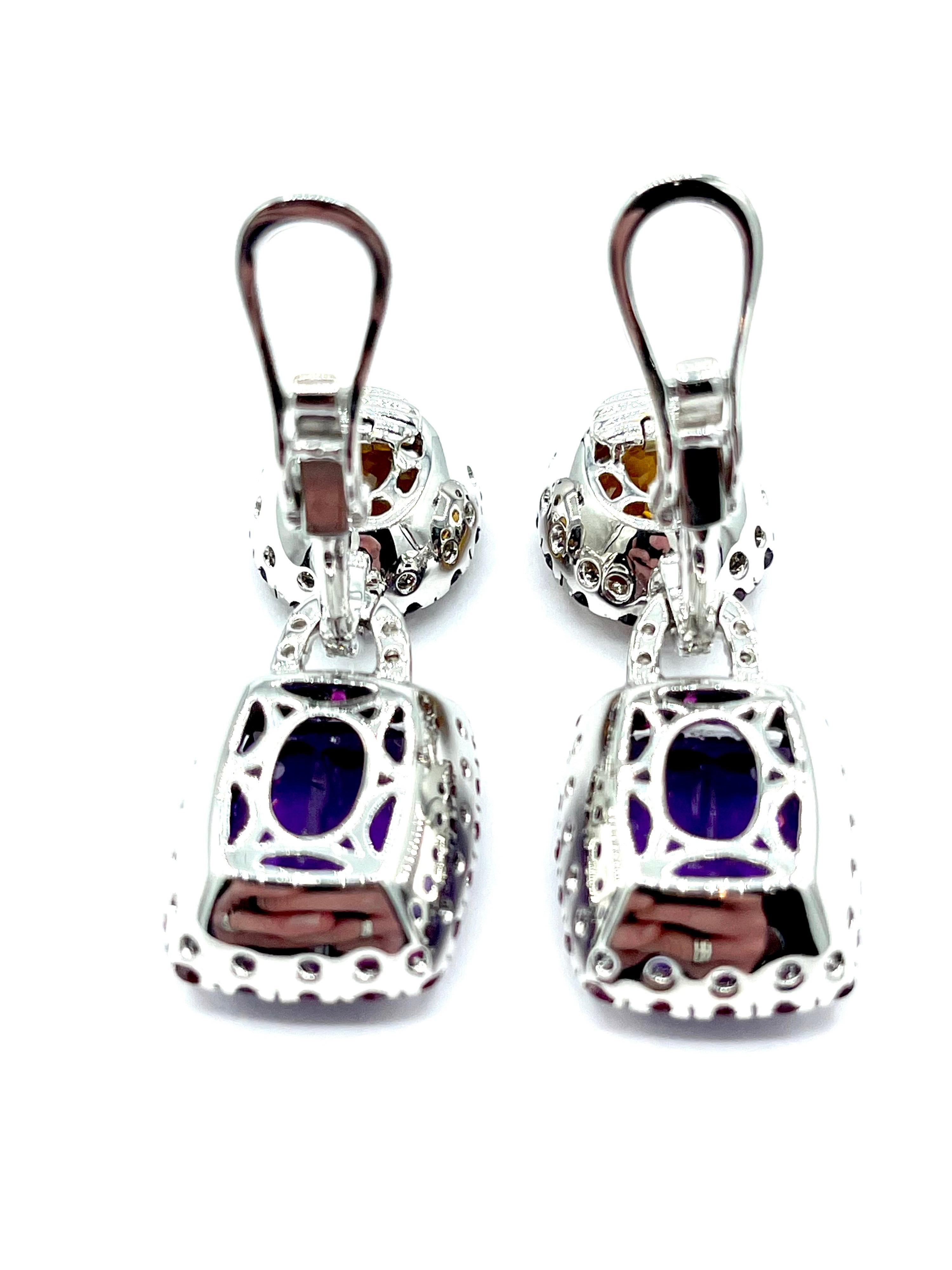 Citrine Amethyst Diamond and Sapphire 18 Karat White Gold Dangle Earrings 1
