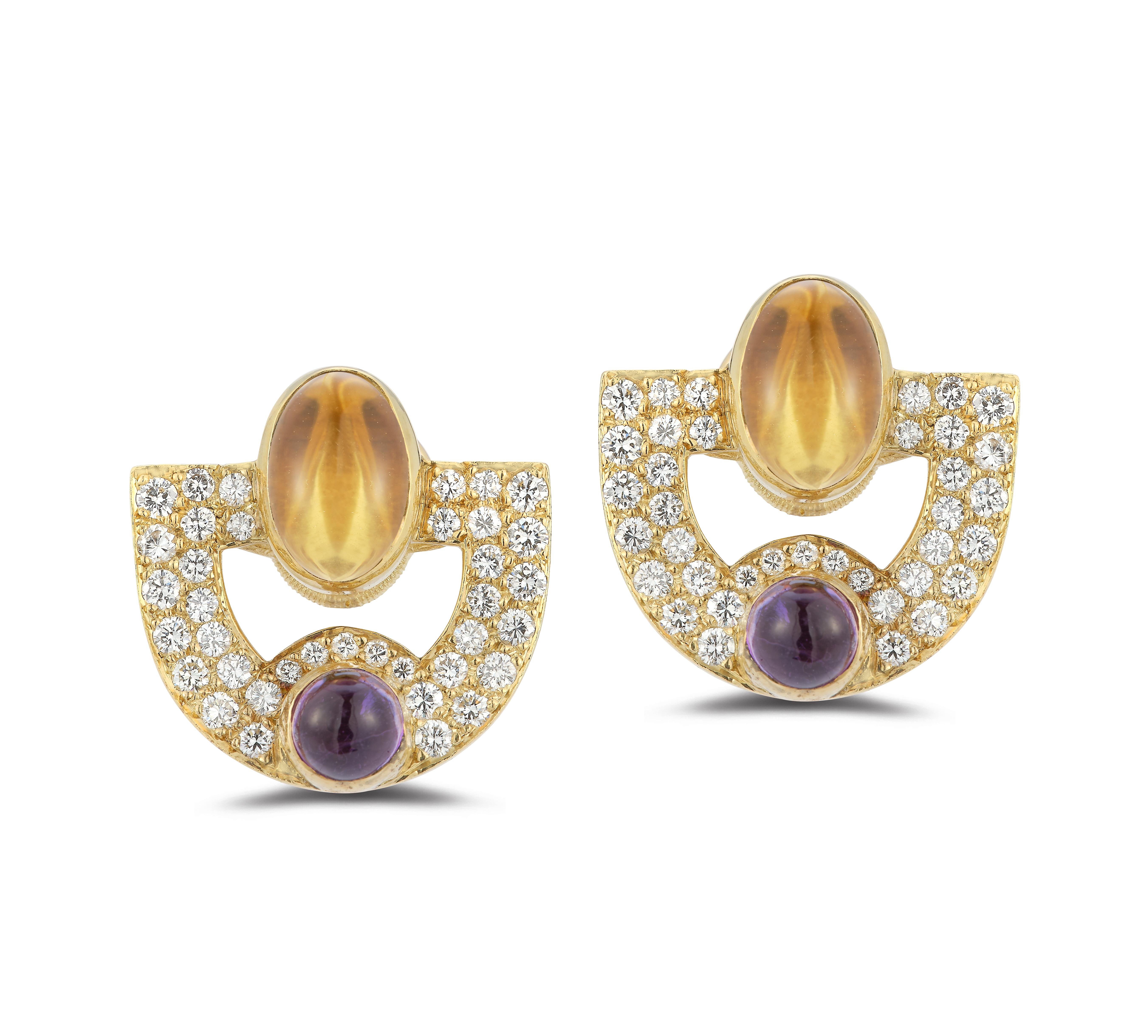Citrine & Amethyst Earrings,

Yellow gold clip on earrings each set with round brilliant cut diamonds, a cabochon citrine, and a cabochon amethyst

Diamond total approximate weight: 3.47ct

Citrine approximate weight: 6.72ct

Amethyst approximate