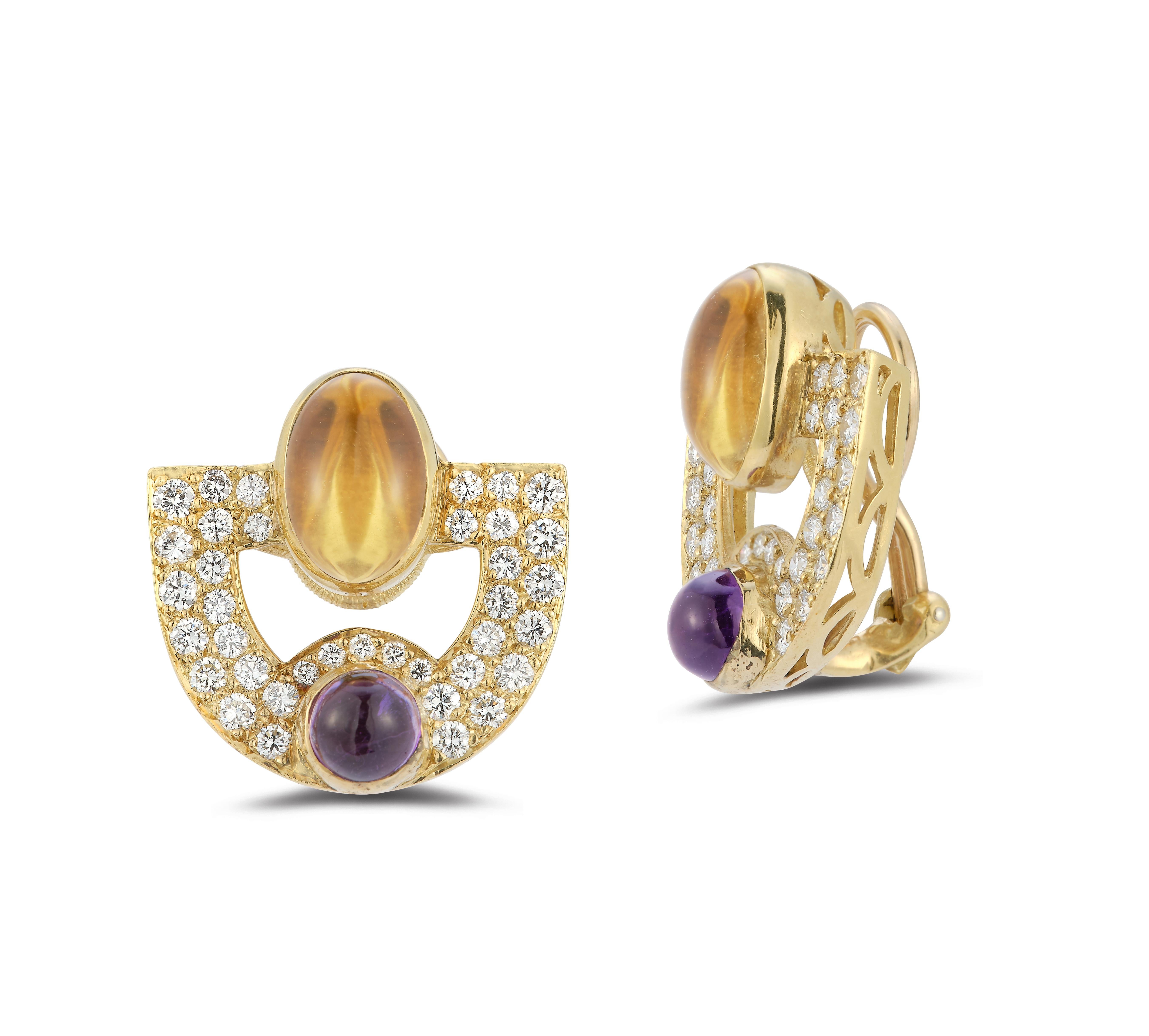 Citrine & Amethyst Earrings In Excellent Condition For Sale In New York, NY
