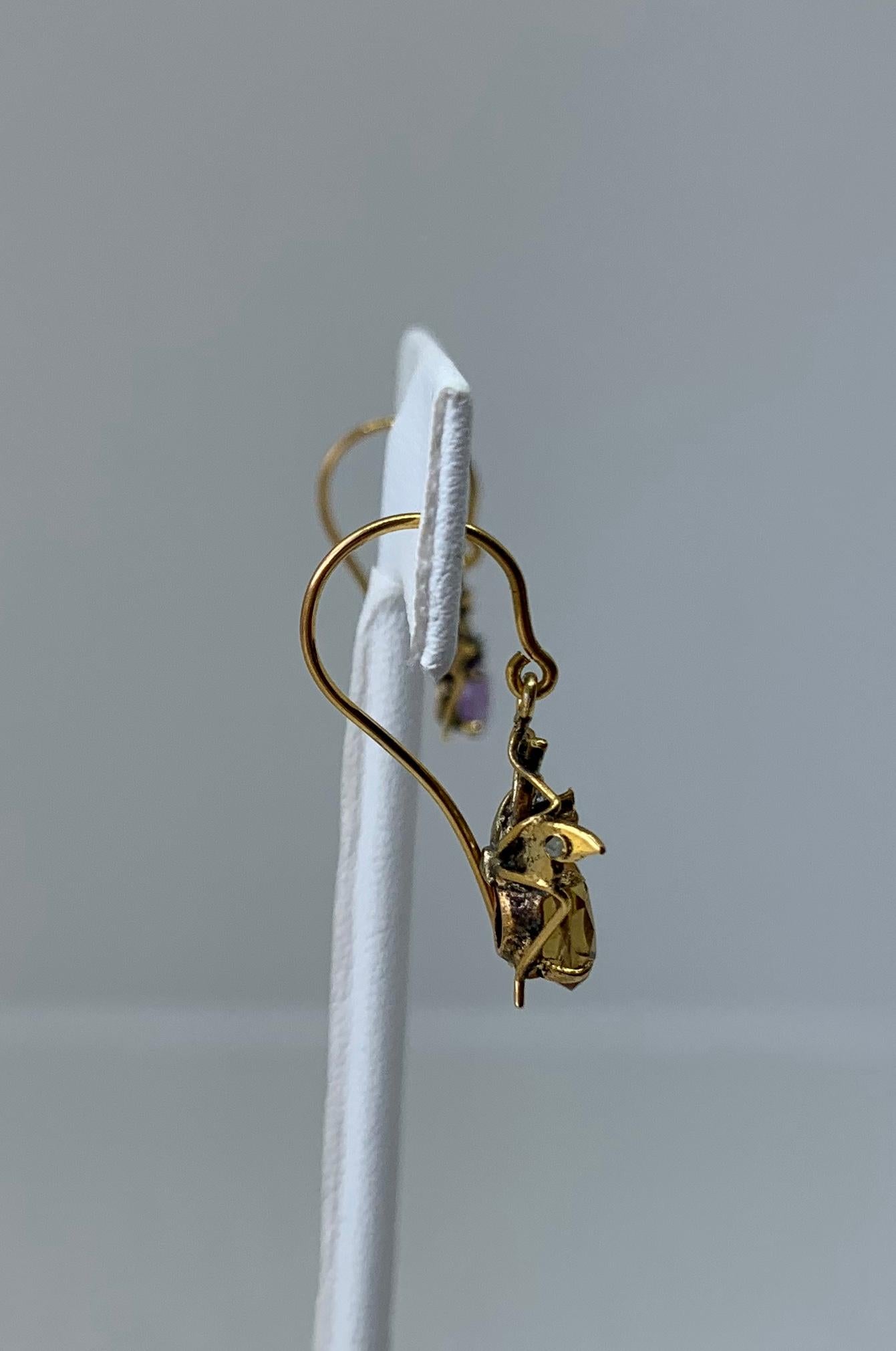 Citrine Amethyst Fly Insect Earrings Victorian Antique Gold Pearl For Sale 3