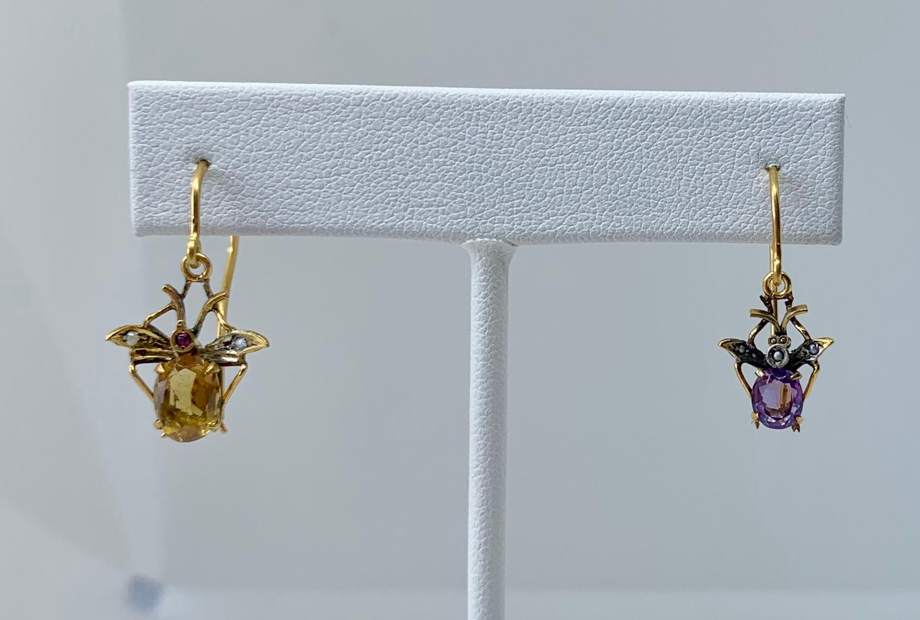 Oval Cut Citrine Amethyst Fly Insect Earrings Victorian Antique Gold Pearl For Sale