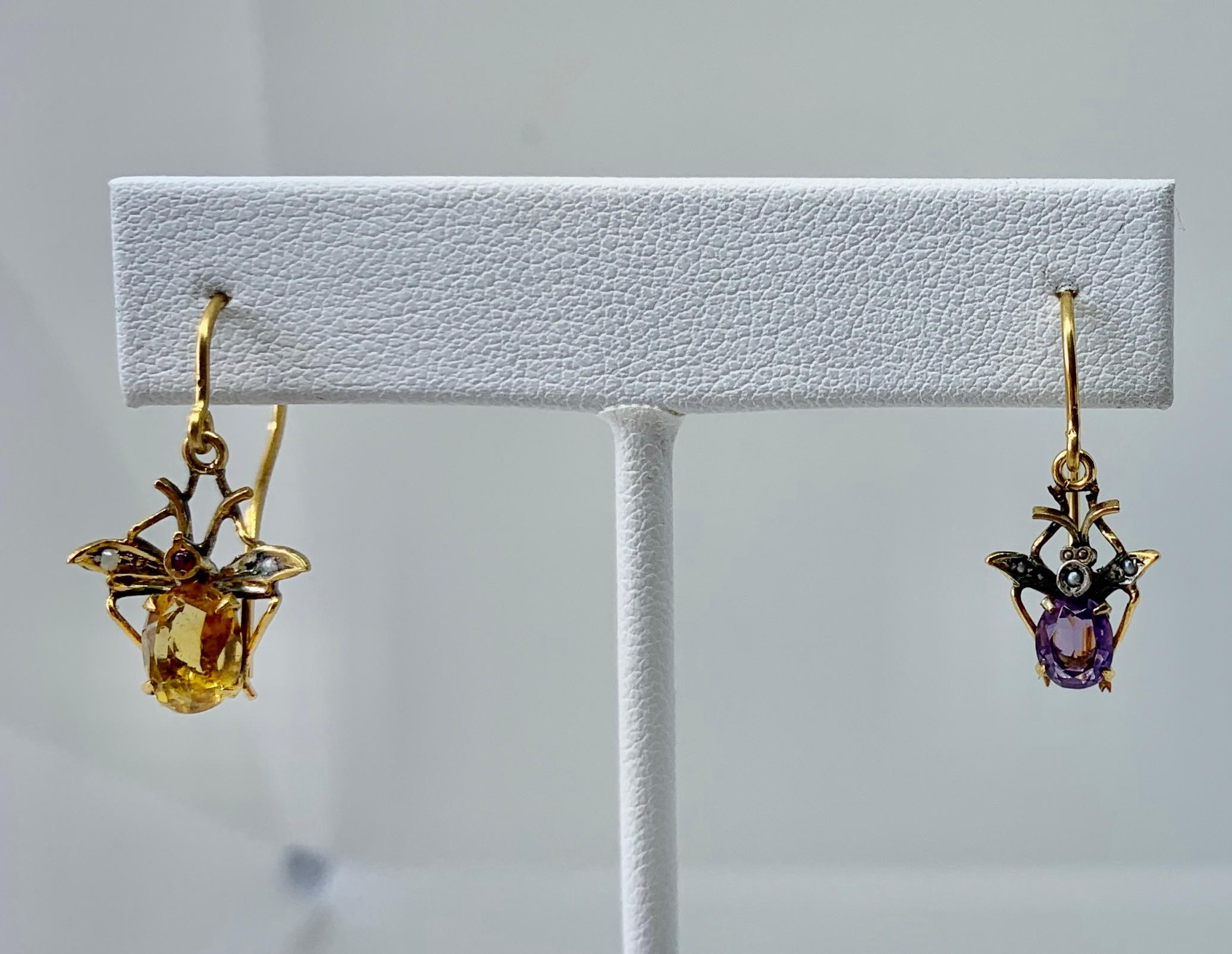 Citrine Amethyst Fly Insect Earrings Victorian Antique Gold Pearl In Excellent Condition For Sale In New York, NY