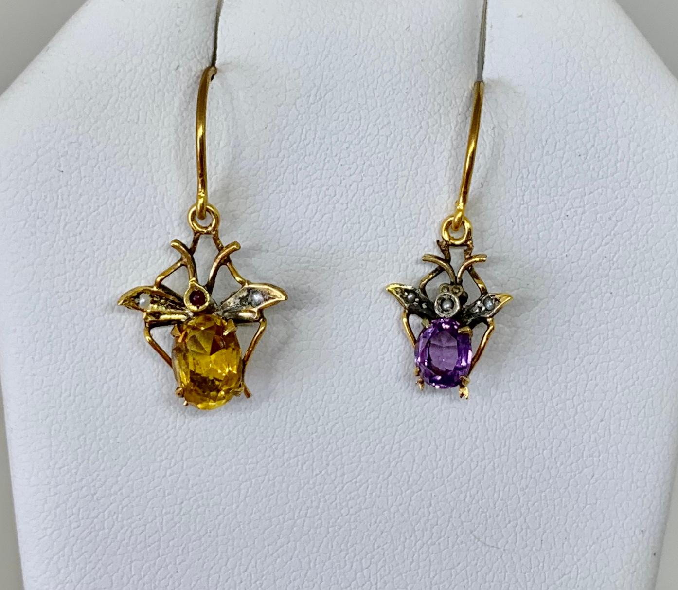 Women's Citrine Amethyst Fly Insect Earrings Victorian Antique Gold Pearl For Sale