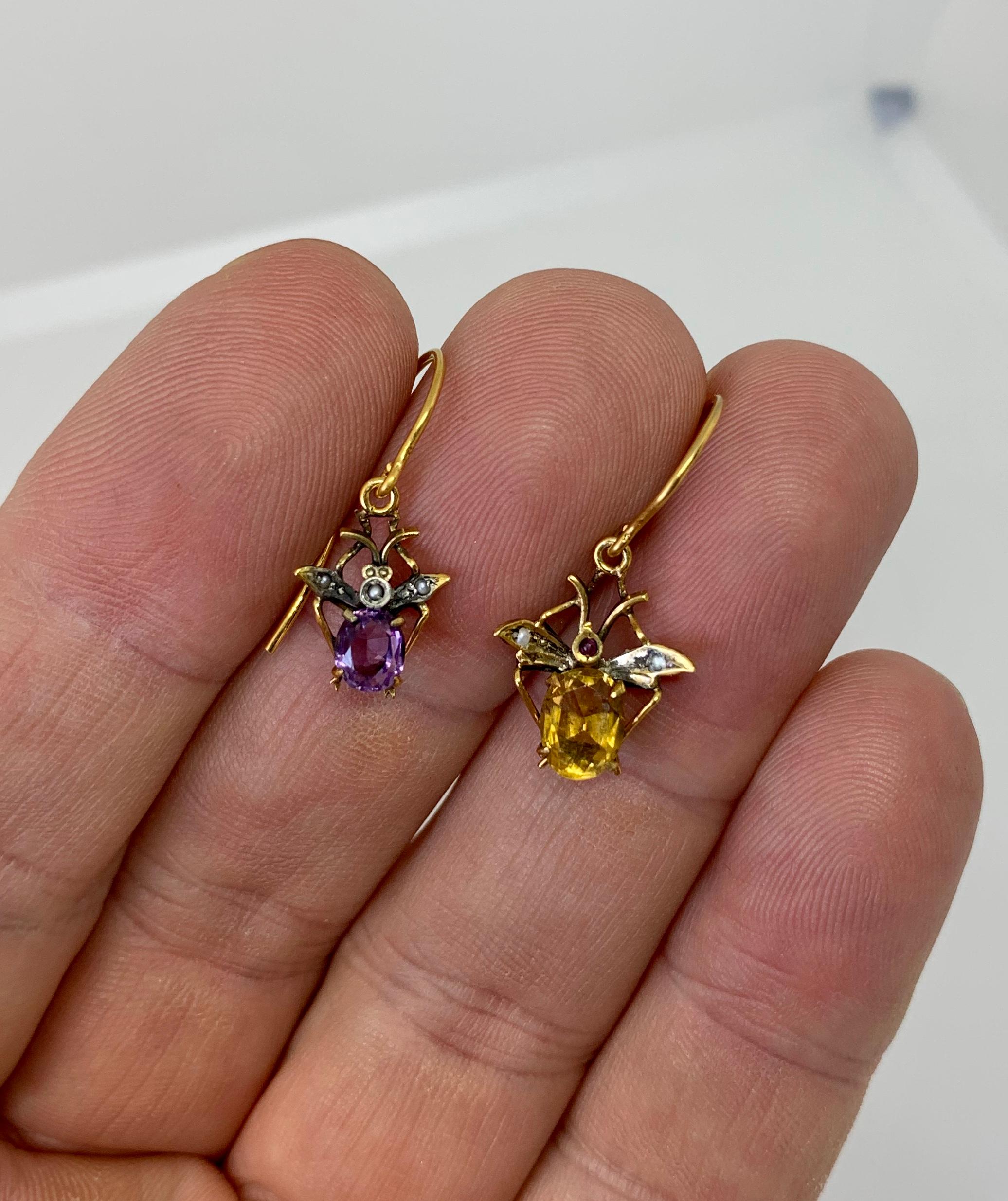 Citrine Amethyst Fly Insect Earrings Victorian Antique Gold Pearl For Sale 1