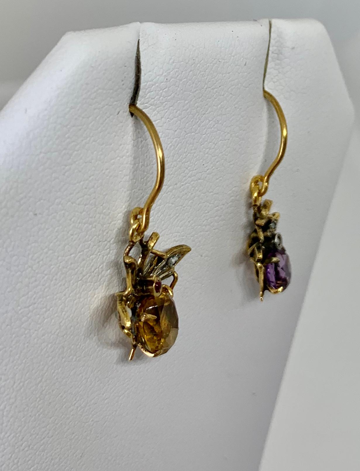 Citrine Amethyst Fly Insect Earrings Victorian Antique Gold Pearl For Sale 2