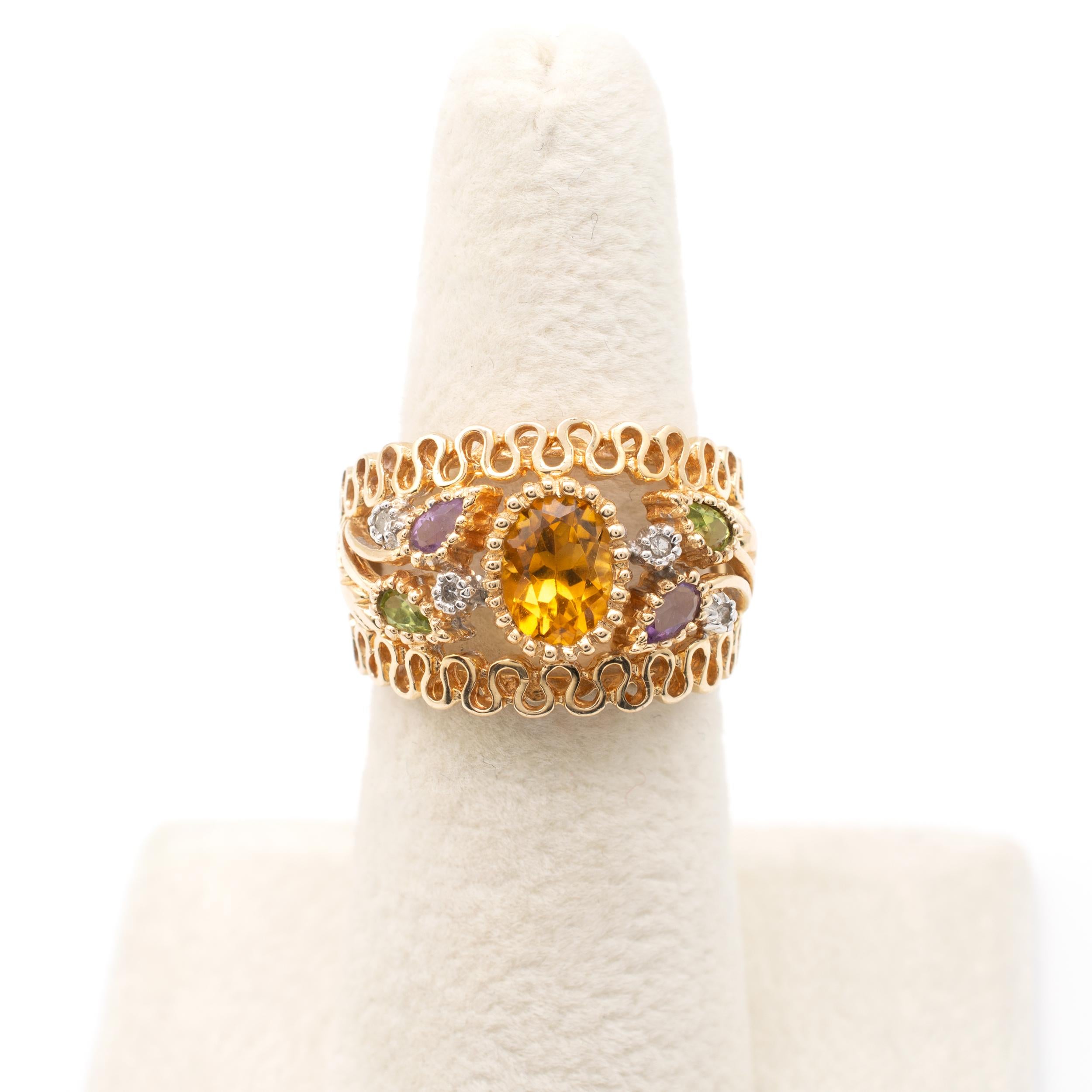 Mixed Gemstone Open Flower Bombe Cocktail Ring 14 Karat Gold With Pleated Edges For Sale 1