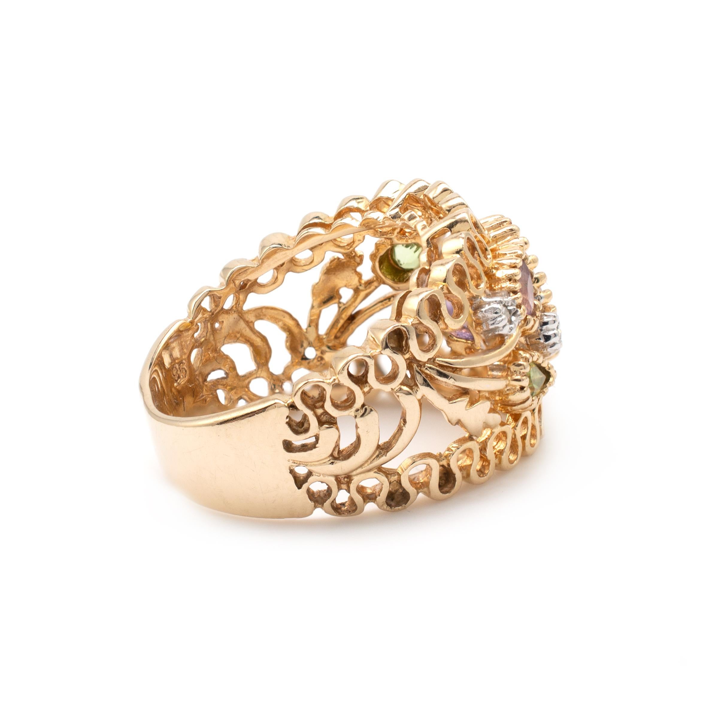 Mixed Gemstone Open Flower Bombe Cocktail Ring 14 Karat Gold With Pleated Edges For Sale 3