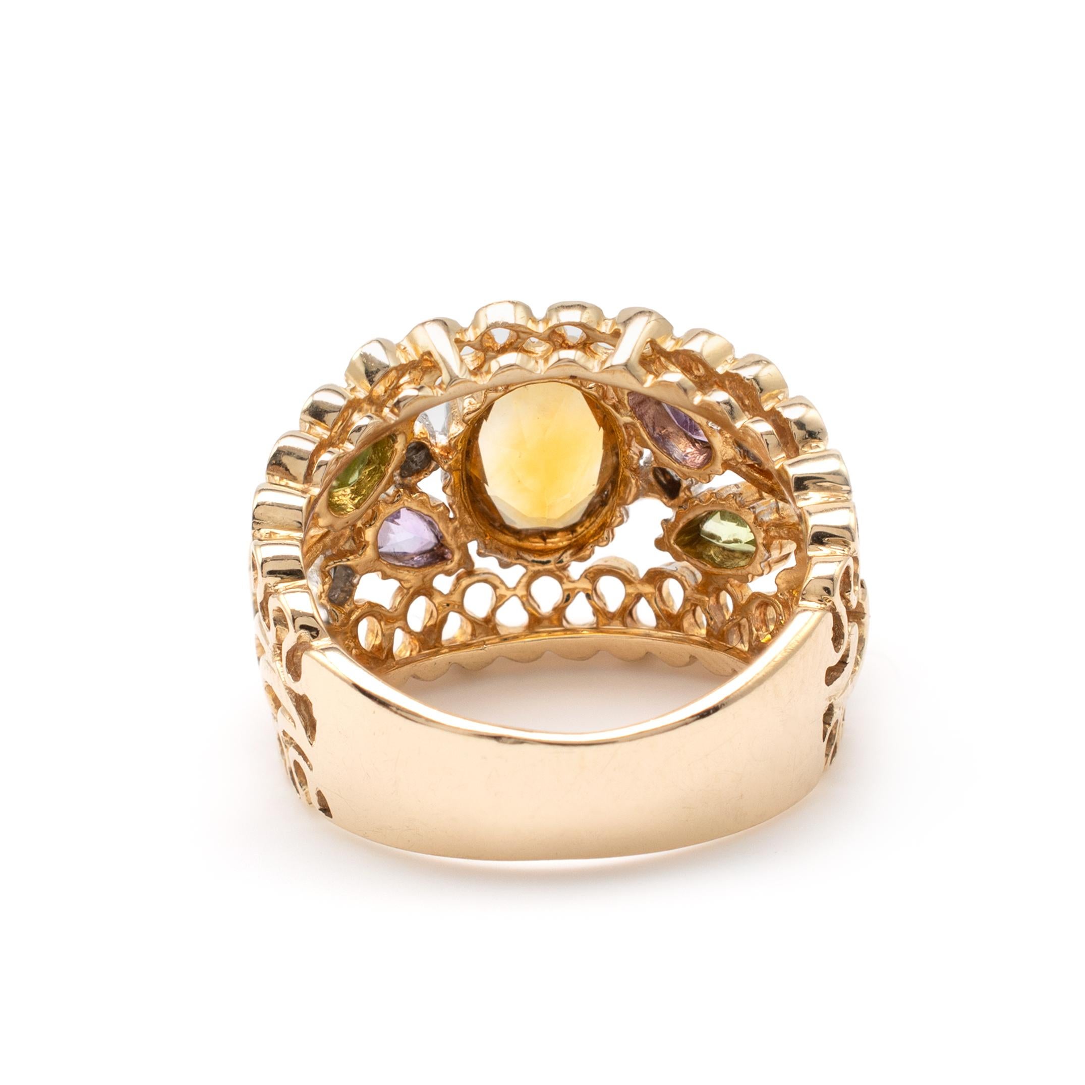 Mixed Gemstone Open Flower Bombe Cocktail Ring 14 Karat Gold With Pleated Edges For Sale 5