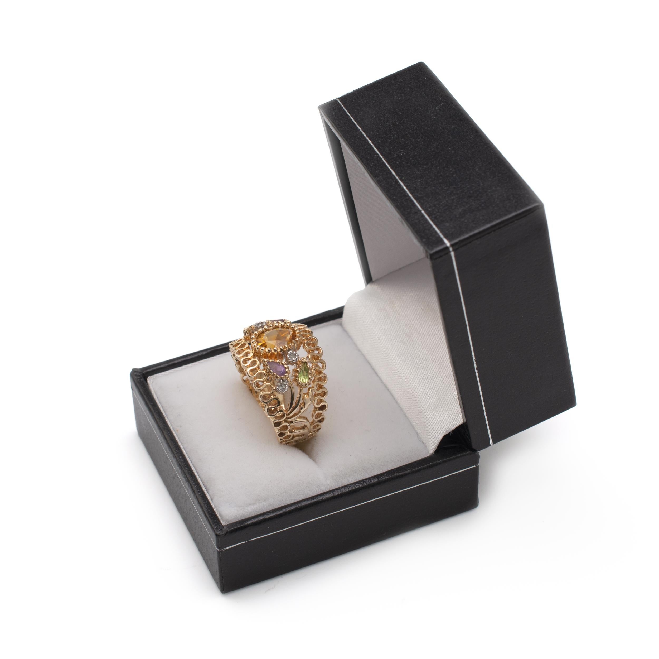 Mixed Gemstone Open Flower Bombe Cocktail Ring 14 Karat Gold With Pleated Edges For Sale 6