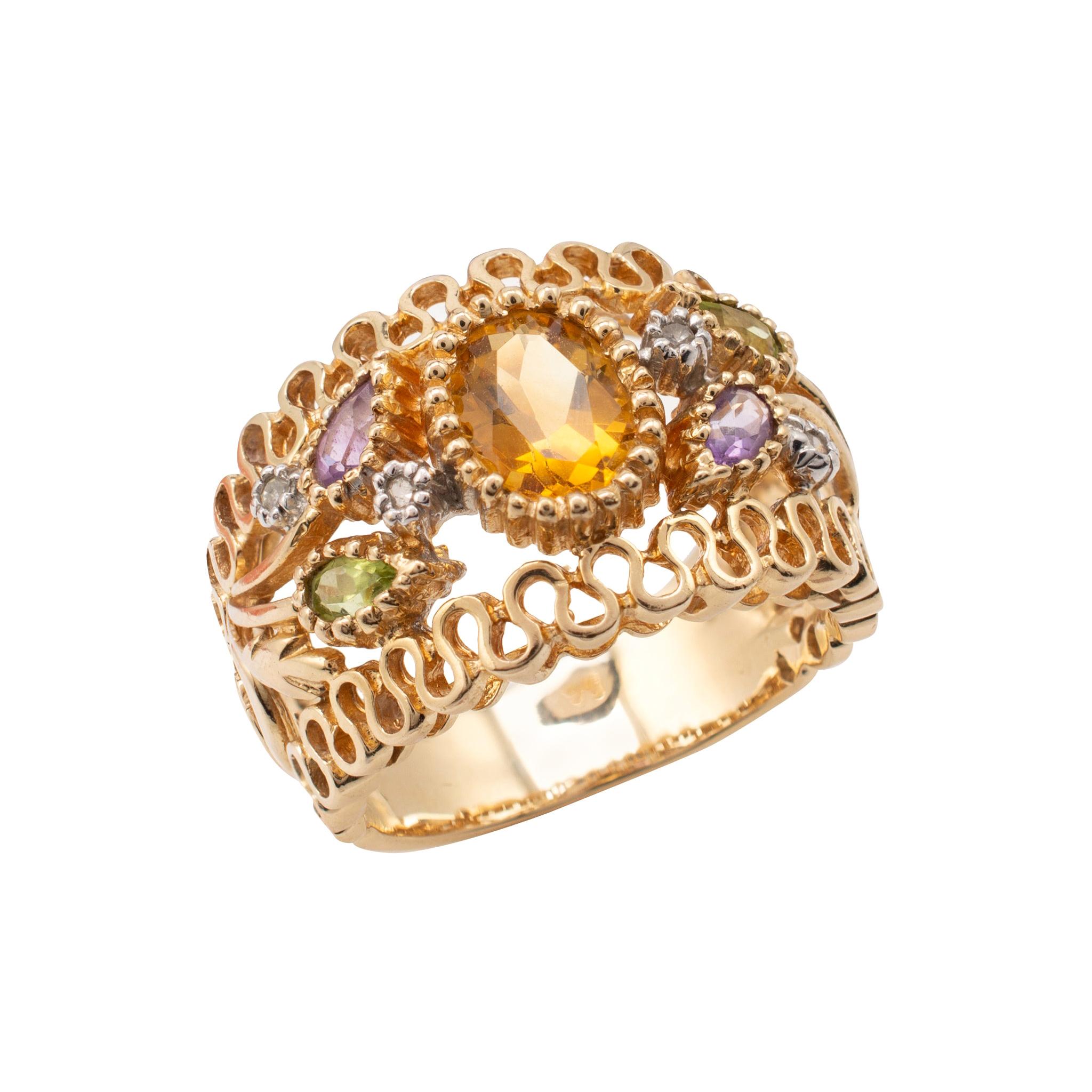 Mixed Gemstone Open Flower Bombe Cocktail Ring 14 Karat Gold With Pleated Edges For Sale