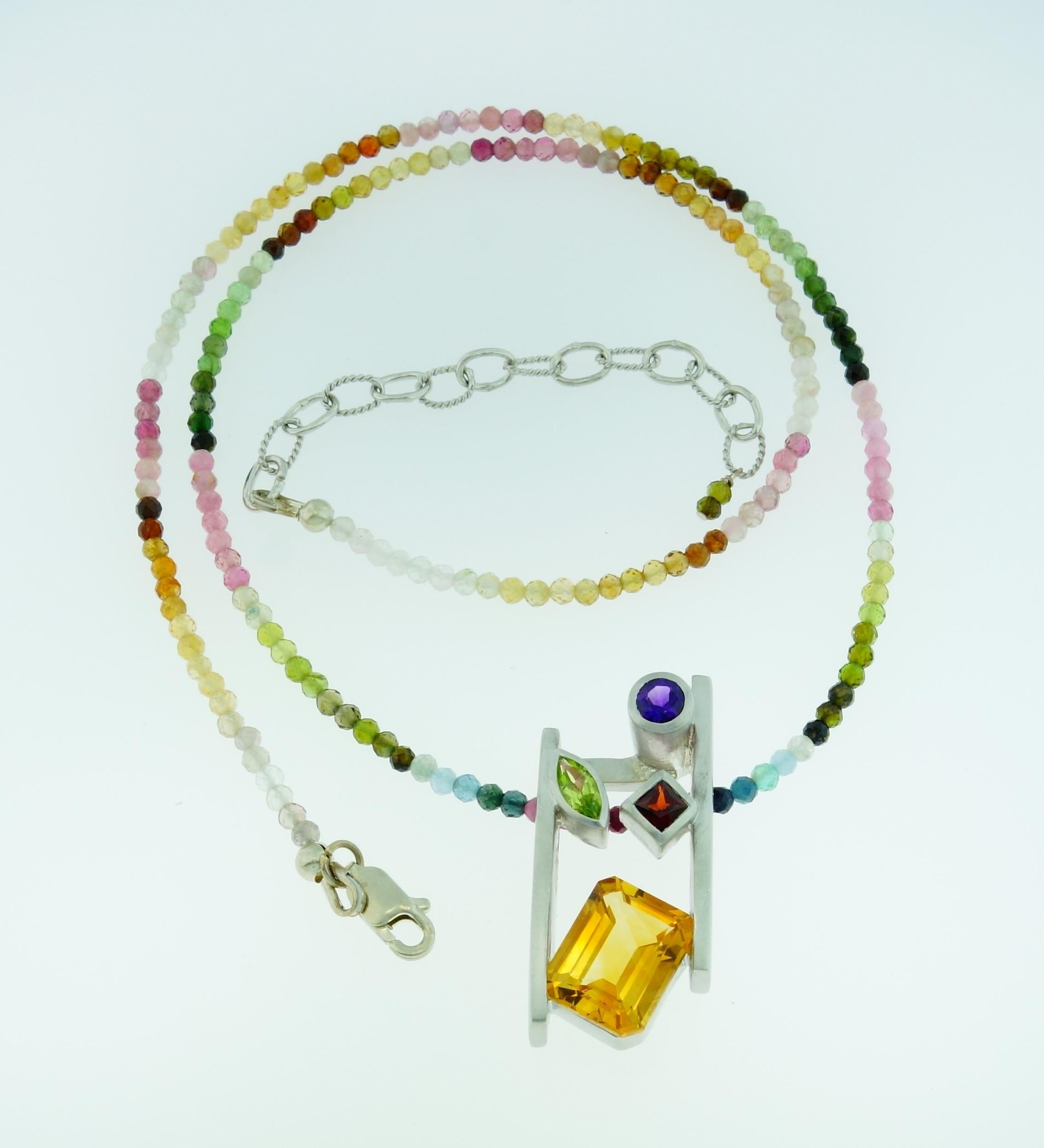 Mixed Cut Citrine Amethyst Peridot Garnet and Tourmaline Gem Necklace Fine Estate Jewelry For Sale