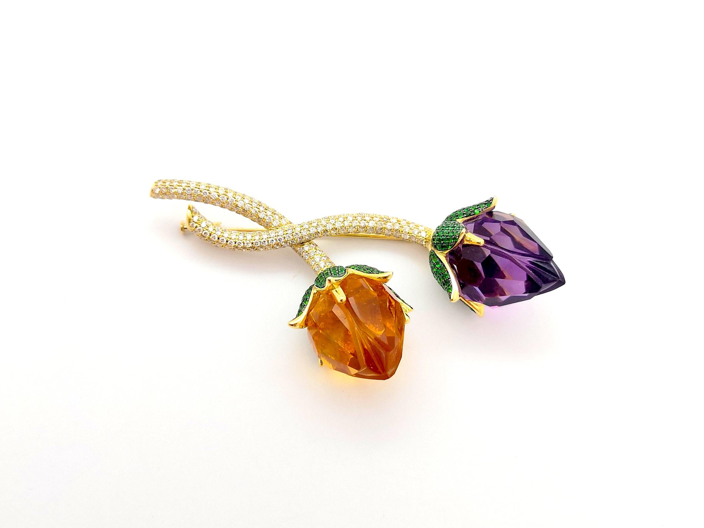 Citrine, Amethyst, Tsavorite and Brown Diamon  Brooch set in 18K Gold Settings For Sale 5